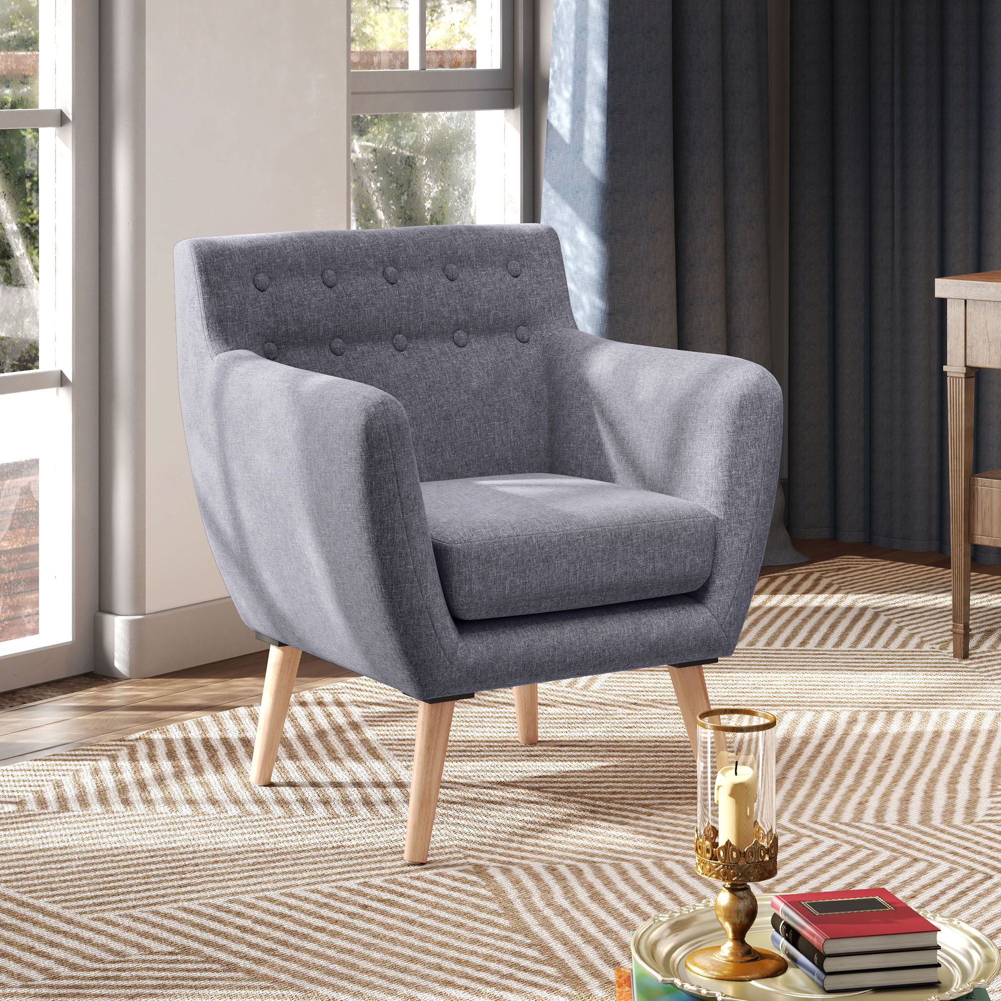 HOMCOM Mid-Century Modern Accent Arm Chair Linen Upholstery Tufted