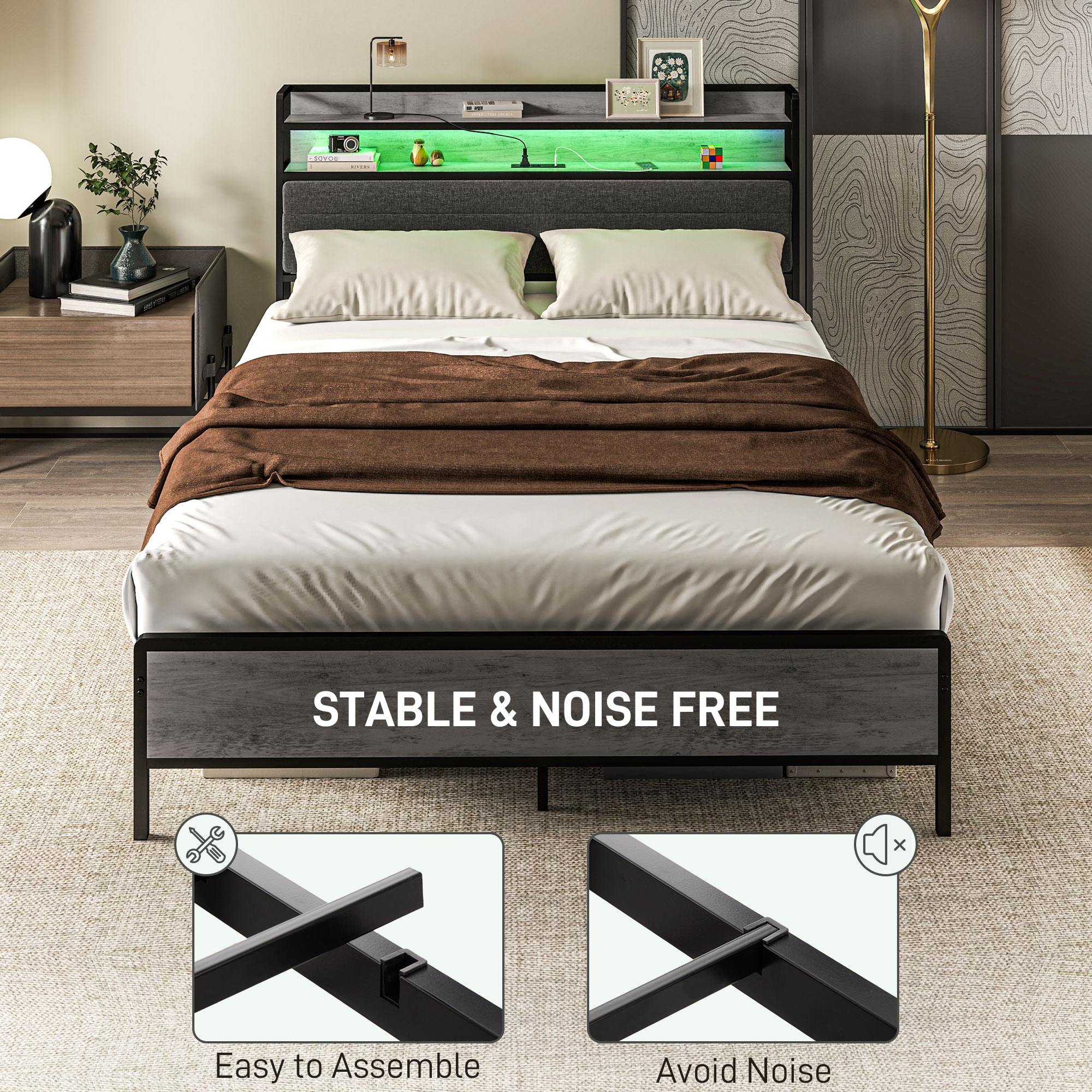 HOMCOM Queen Size Bed Frame with Storage Upholstered Headboard, Queen Bed Frame with LED Lights, Charging Station, Cement Gray 4