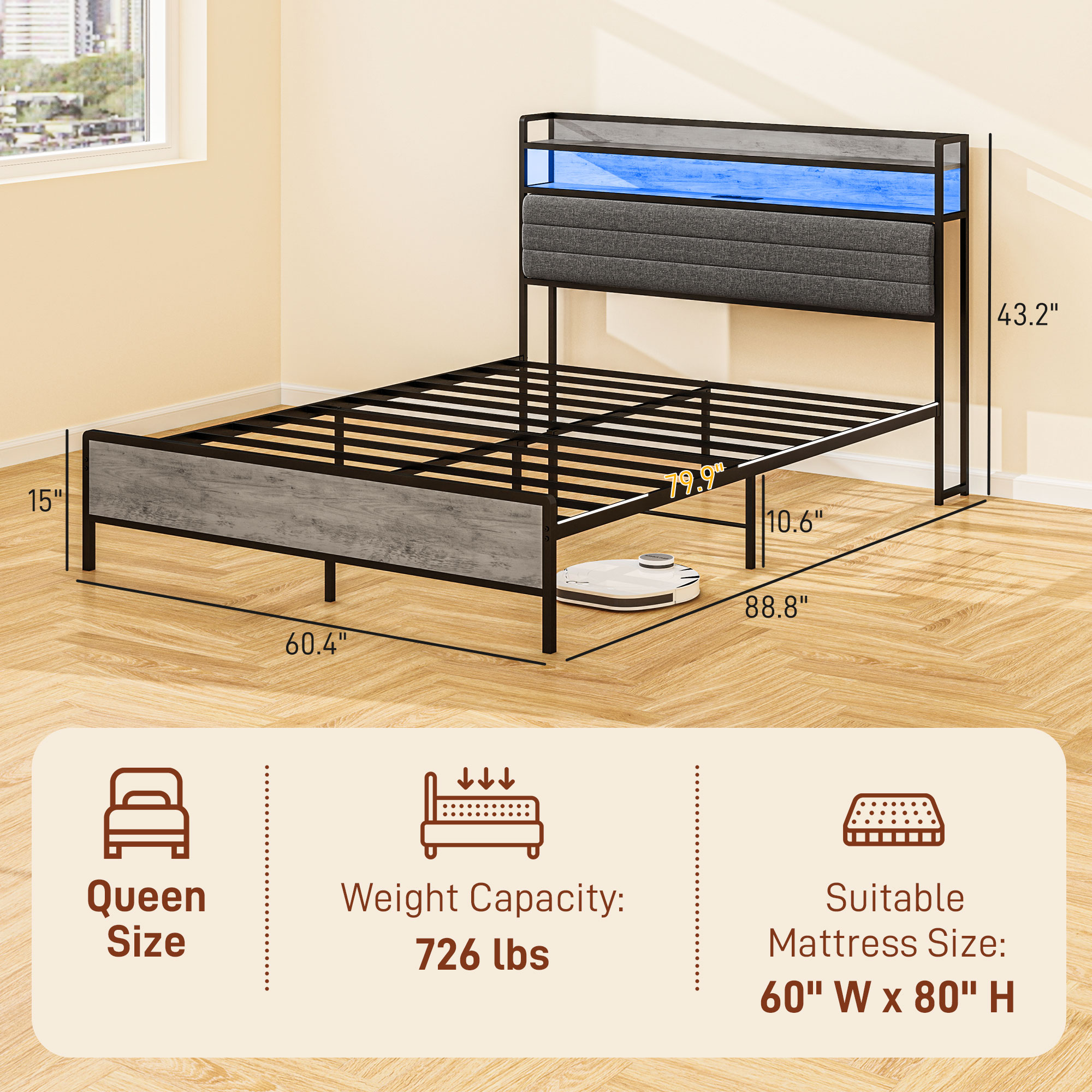HOMCOM Queen Size Bed Frame with Storage Upholstered Headboard, Queen Bed Frame with LED Lights, Charging Station, Cement Gray 1