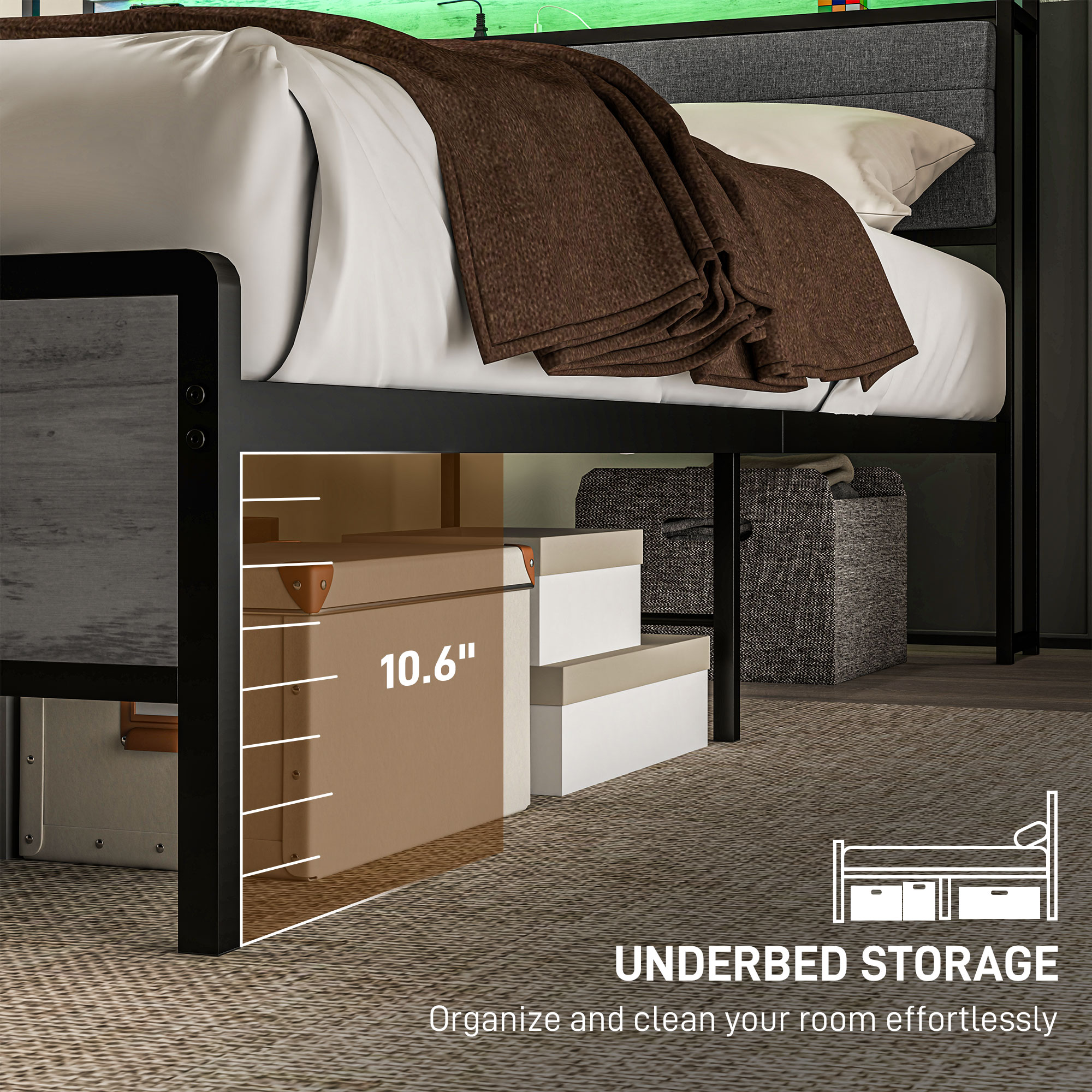 HOMCOM Queen Size Bed Frame with Storage Upholstered Headboard, Queen Bed Frame with LED Lights, Charging Station, Cement Gray 5