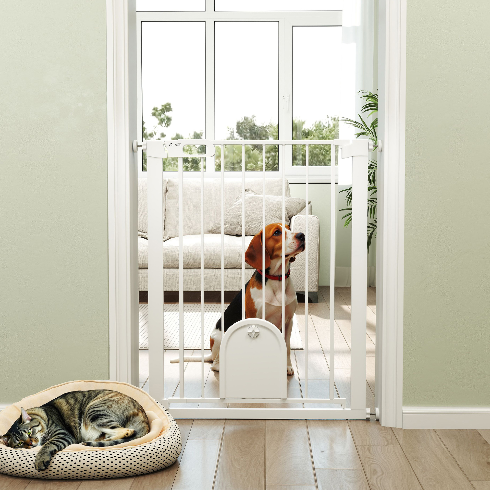 35"H Canine Gate with Safety Gate Barrier, 30"-32" Extra Wide Animal Gate Barrier with Compact Entry, Stair Pressure Fit, White 2