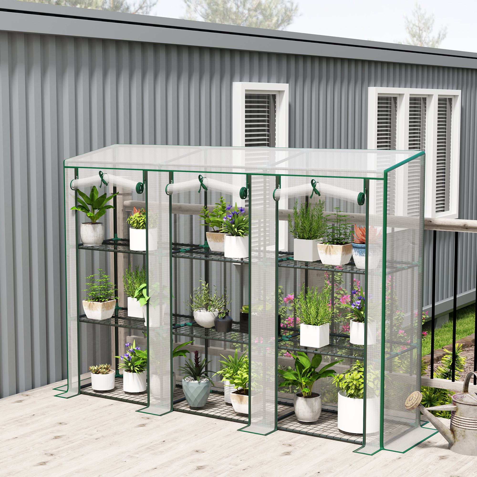Outsunny Lean-to Greenhouse with 3 Tier Shelves, Mini Greenhouse with 3 Roll-Up Doors for Indoor Outdoor, White Aosom Canada