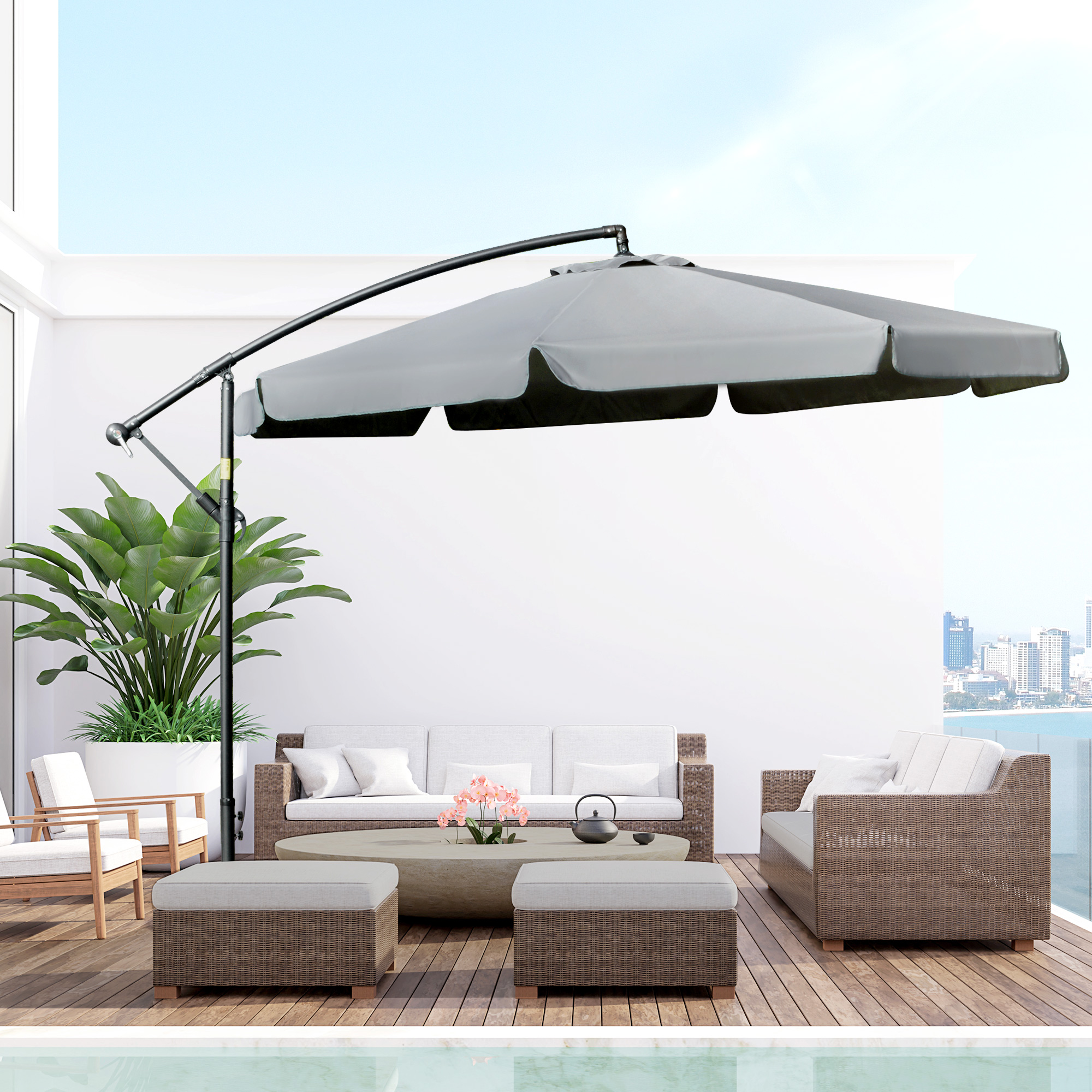 Outsunny Offset Patio Umbrella 11FT Cantilever Outdoor Umbrella with Easy Tilt Cross Base & 8 Ribs Dark Grey Aosom Canada
