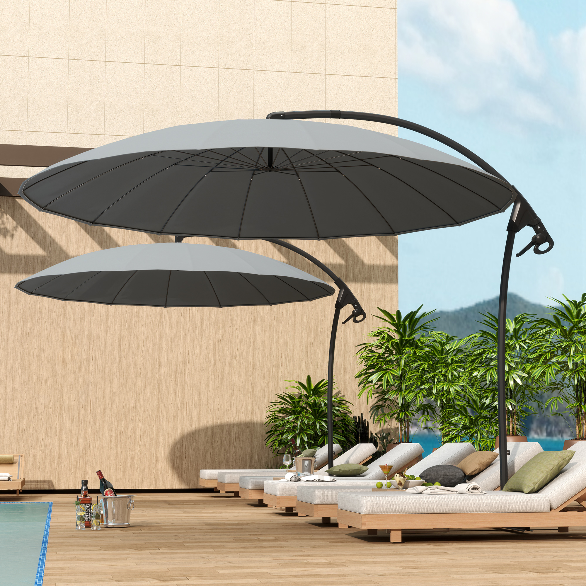 Outsunny 9FT Cantilever Umbrella with 16 Fibreglass Ribs, Offset Hanging Umbrella, Patio Umbrella with Crank and Cross Base, Grey Aosom Canada