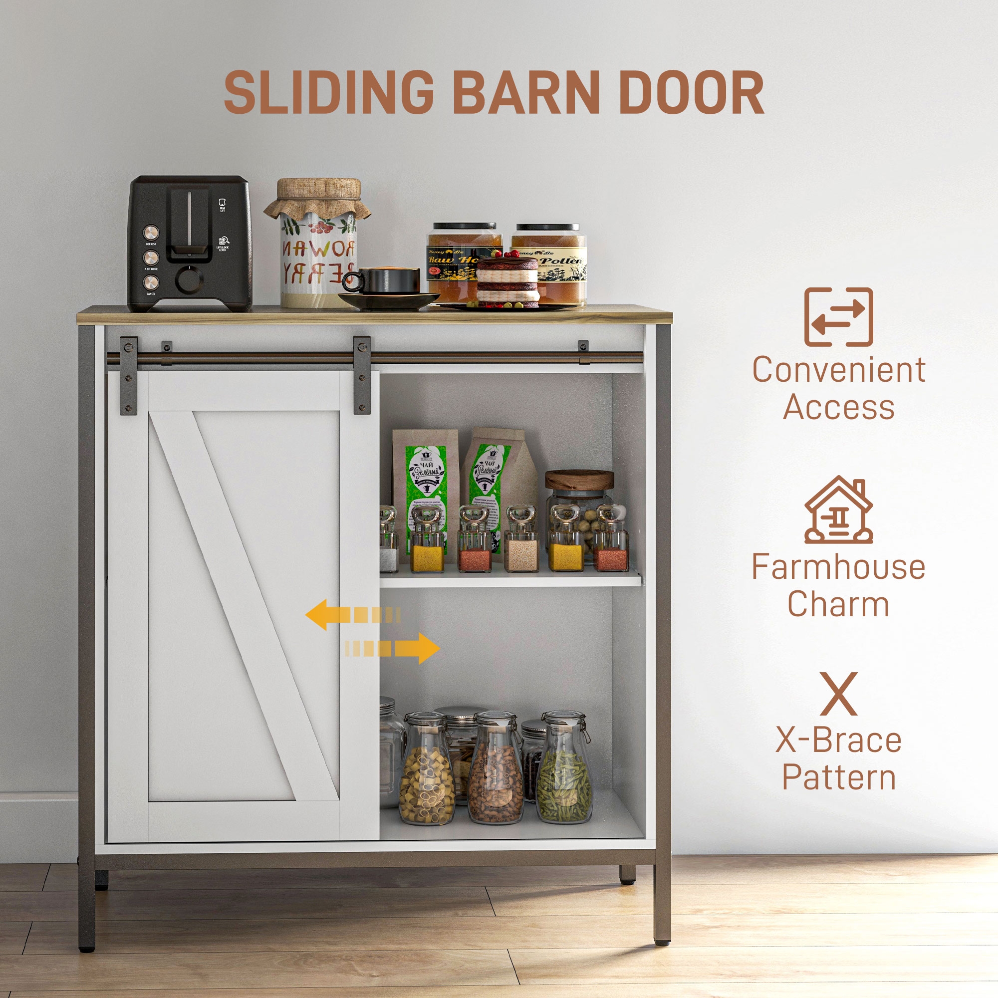 HOMCOM White and Brown Buffet Cabinet Farmhouse Sideboard Bar Kitchen Storage Adjustable Shelf Sliding Barn Door | Aosom.com 2