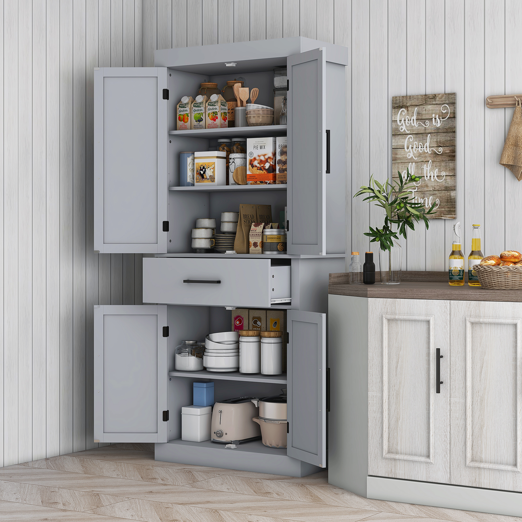 HOMCOM 72" Farmhouse Kitchen Cabinet, Kitchen Pantry Cabinet with 4 Barn Doors, Drawer, Adjustable Shelves, Grey Aosom Canada
