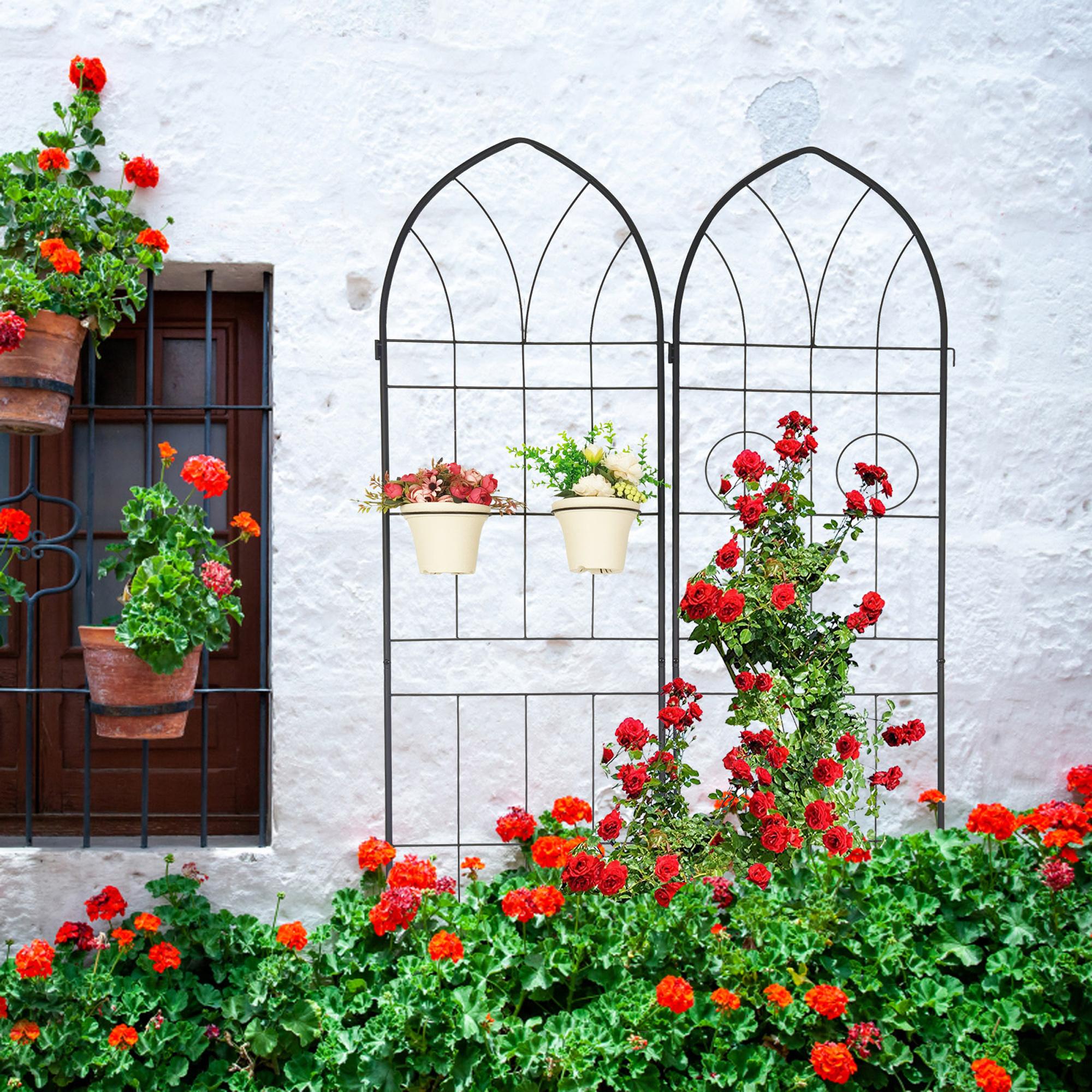 2 Pack Rustproof Metal Garden Trellis with 2 Pot Holders, Climbing Plant Support for Outdoor Flowers, 40" L x 79" H, Black