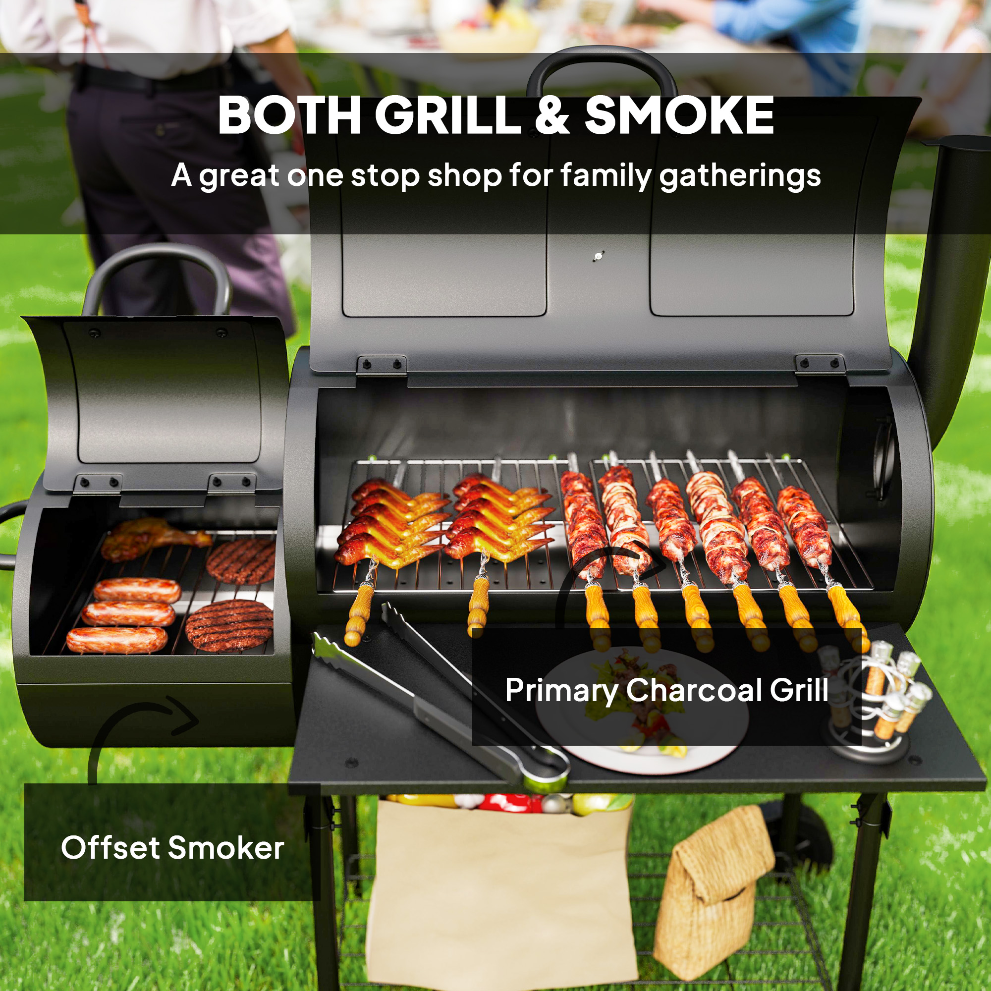Outsunny Charcoal BBQ Grill with Offset Smoker, Barbecue Grill