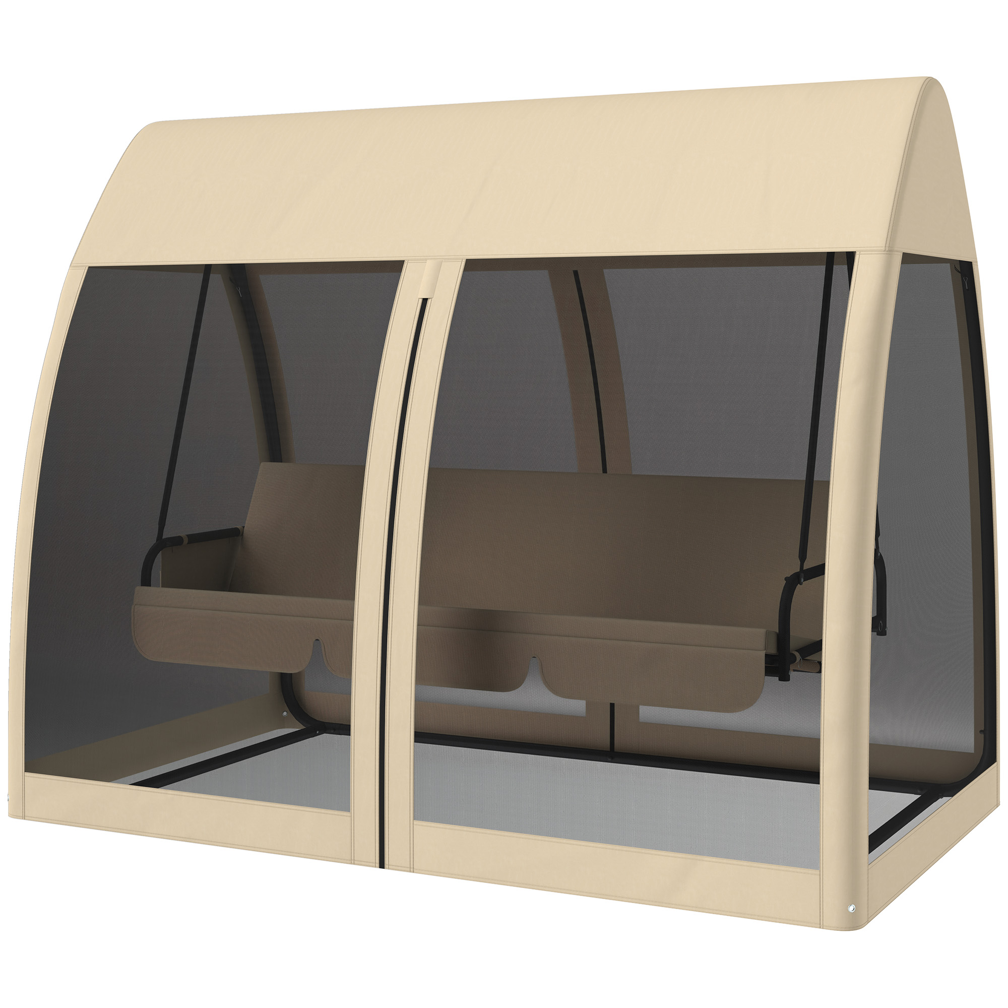 Outsunny 3 Seat Outdoor Swing Chair Convertible Covered Day Bed with Canopy, Mesh Netting, Steel Stand for Garden, Patio, Coffee