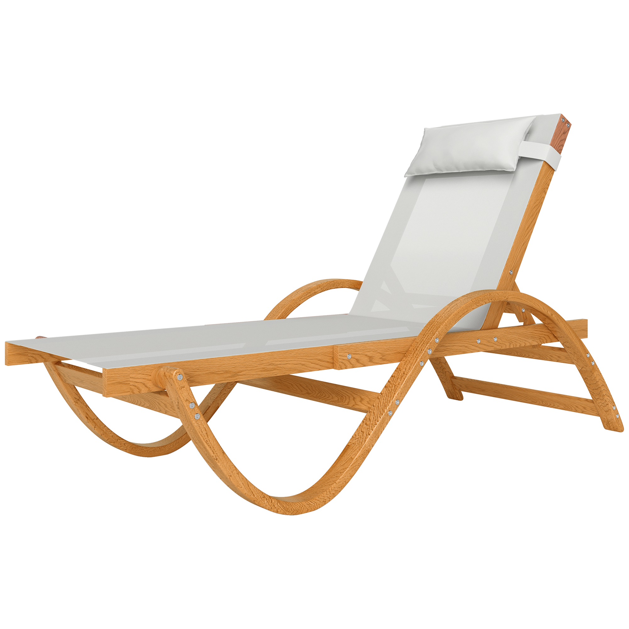 Outsunny Larch Wood Lounge Chair, 4-Level Adjustable Tanning Chair, Full Flat Patio Lounger with Mesh Seat, Cream White