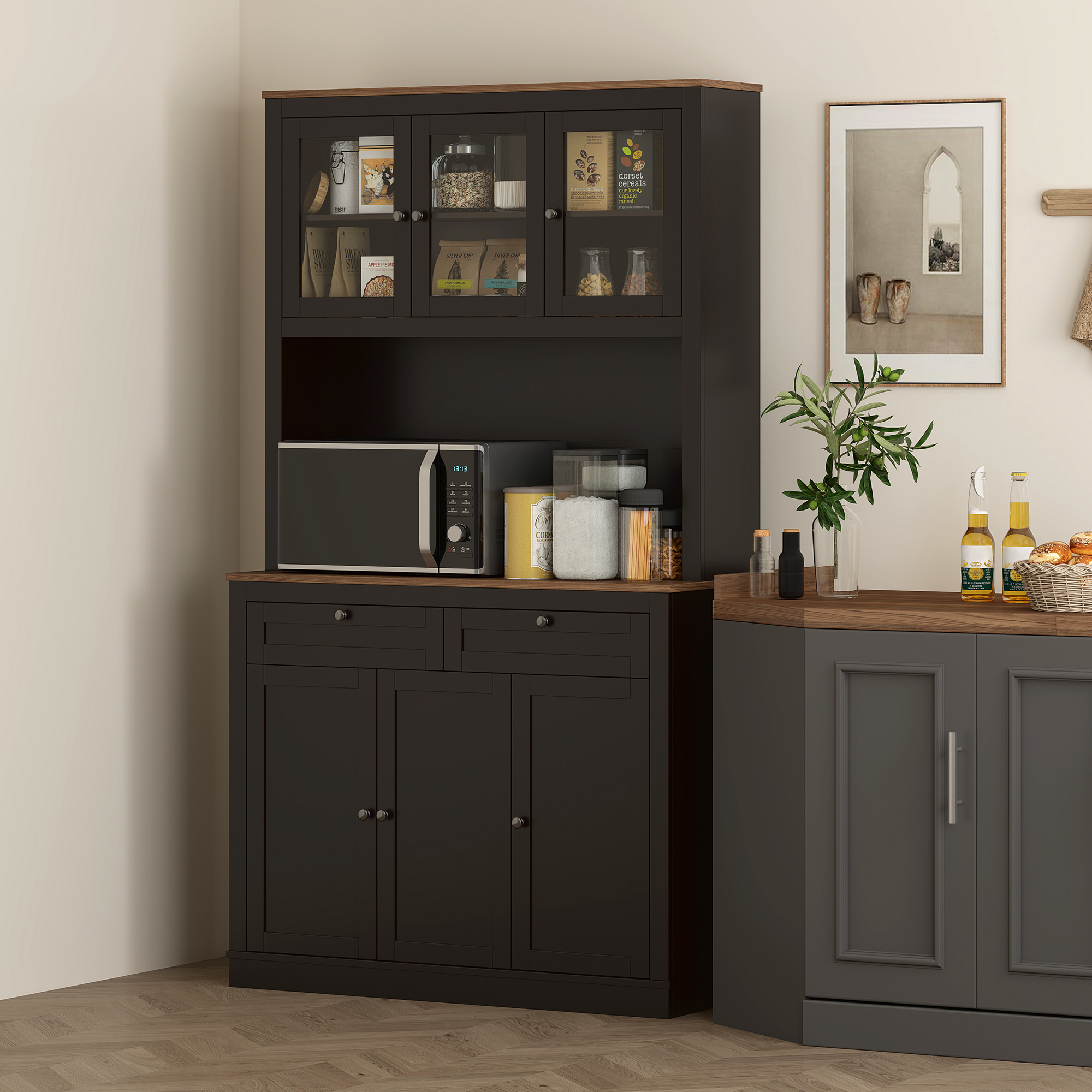 HOMCOM 71" Pantry Cabinet with Microwave Space, Buffet with Hutch, 2 Drawers, Adjustable Shelves and Glass Doors, Black Aosom Canada