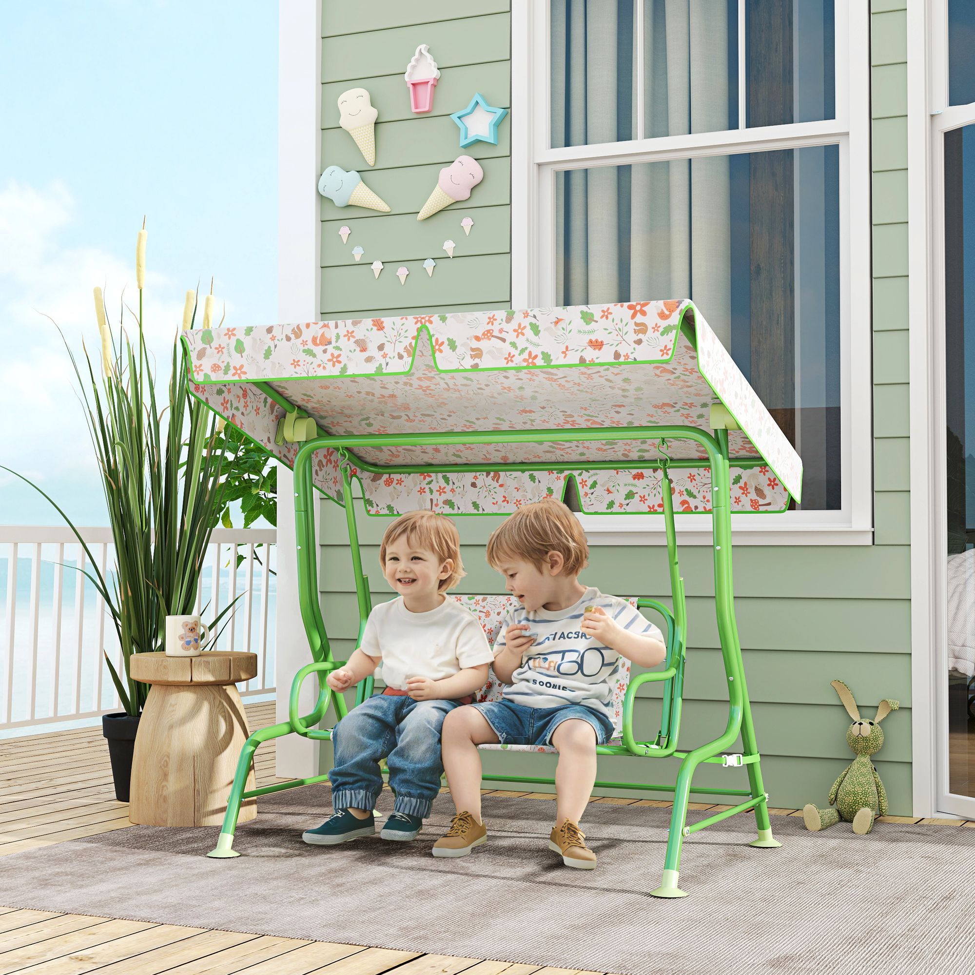 Qaba Kids Patio Swing Chair with Adjustable Canopy, Safety Belt