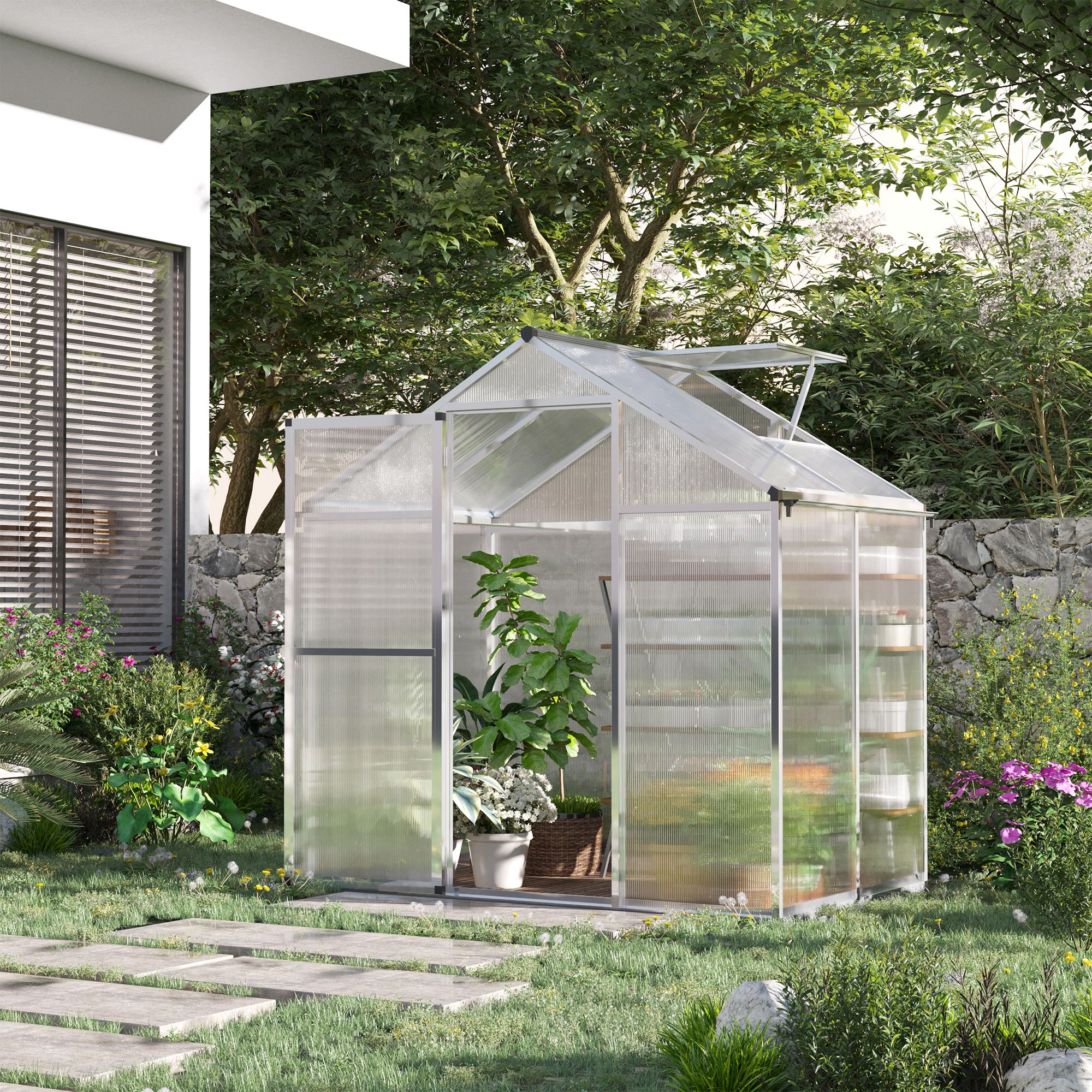 Outsunny Walk-in Garden Greenhouse 4' x 6.2' x 6.4' Polycarbonate Panels Plants Flower Growth Shed Aosom Canada