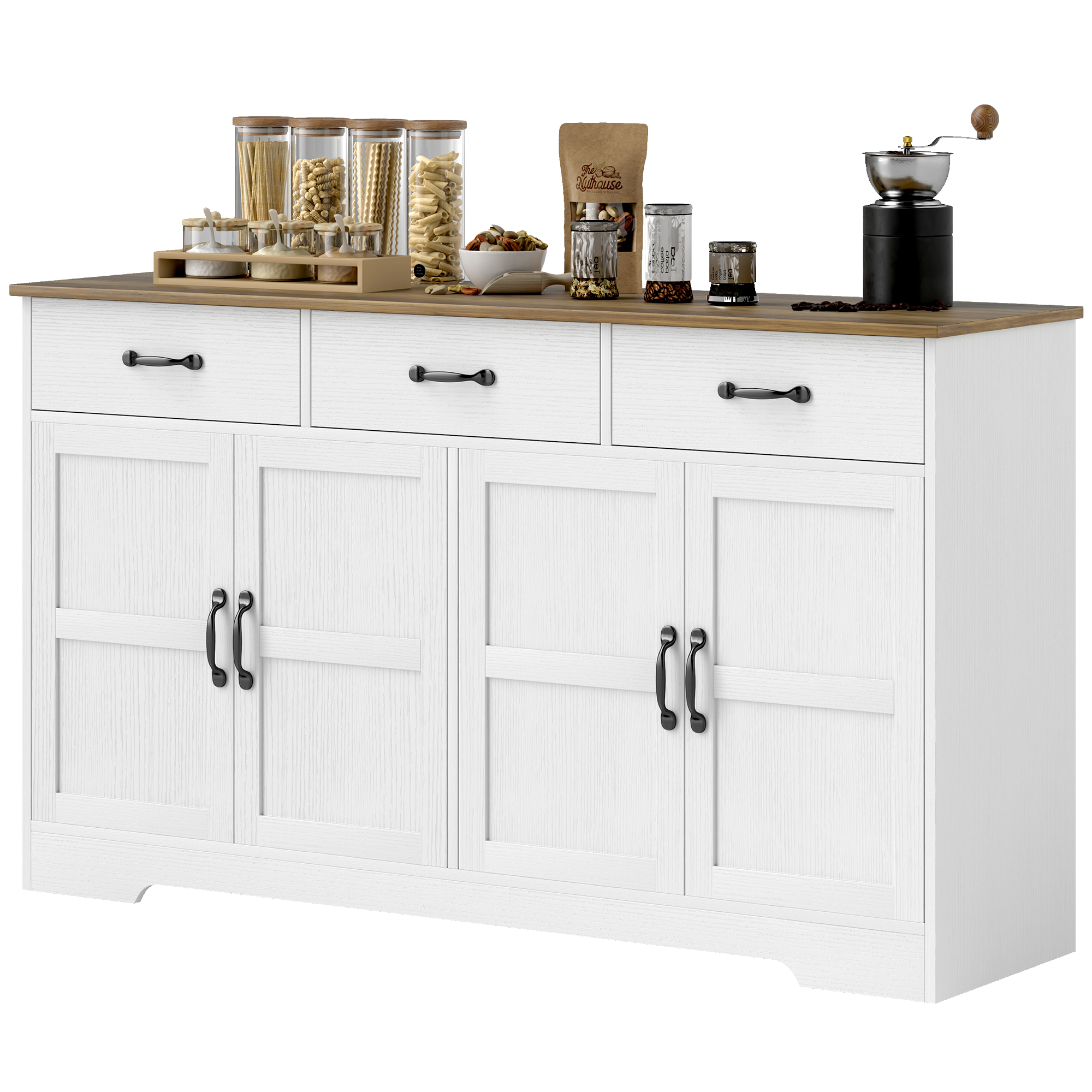 Modern Coffee Bar Organizer Unit with 3 Drawers and Adjustable-Height Shelves, Sideboard Buffet Organizer Unit with Organizer, Distressed White 1