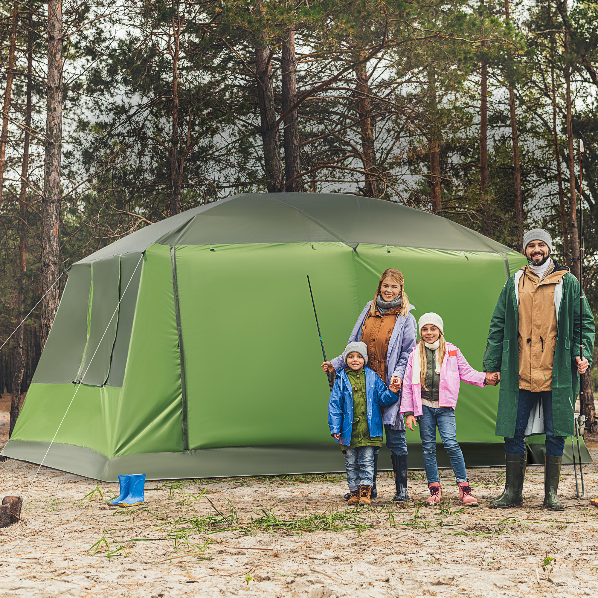Outsunny Tunnel Tent Camping Shelter w/ Porch, Two Rooms, Lamp