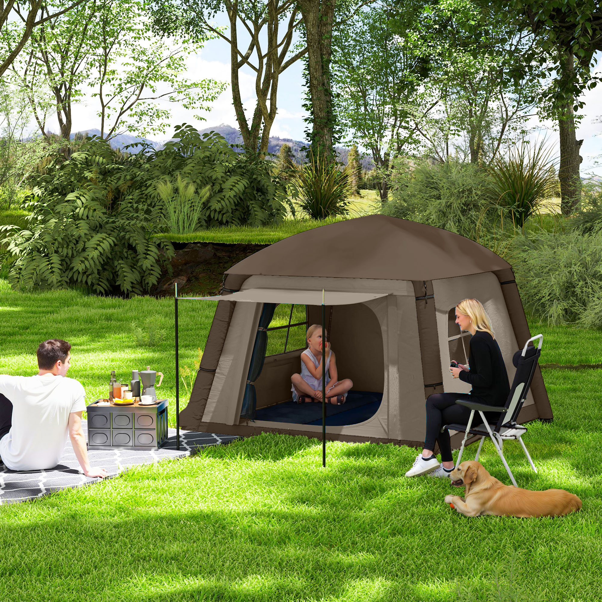 Outsunny Inflatable Camping Tent, 1/2 Person Glamping Tent with Hand Pump, Blow Up Tent with Doors, Carry Bag, Khaki and Brown Aosom Canada