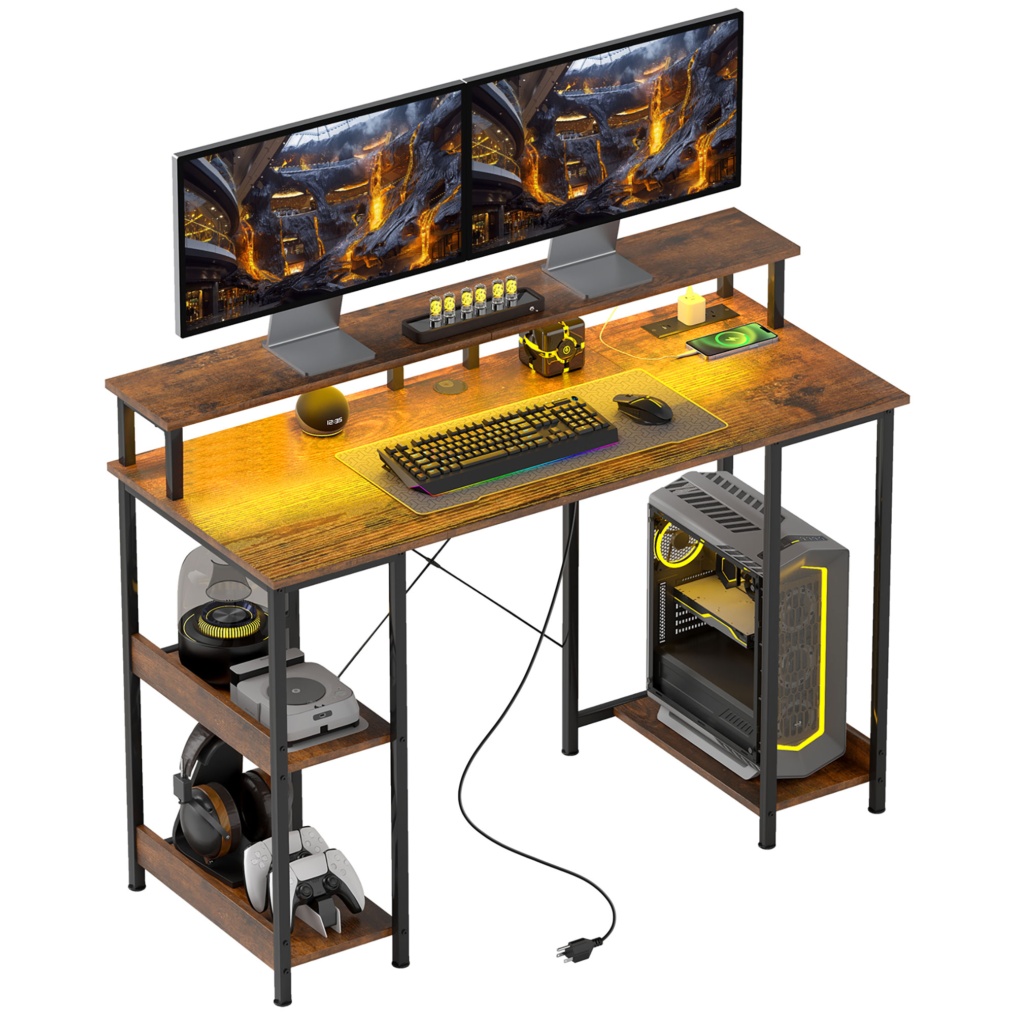 HOMCOM Computer Desk with Storage, 47" Reversible Computer Table with Power Outlets and LED Lights, Rustic Brown