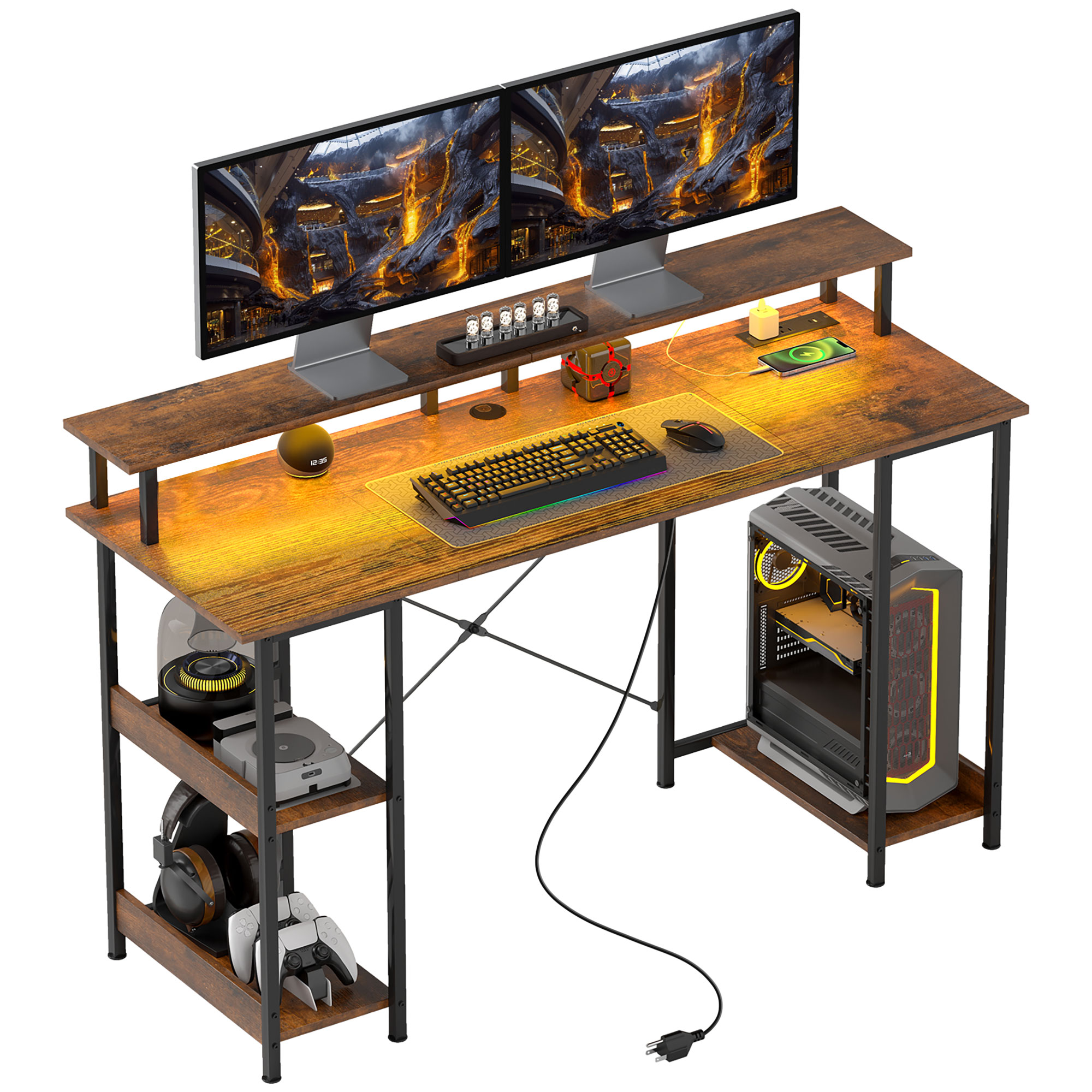 HOMCOM Computer Desk with Storage, 55" Reversible Computer Table with Power Outlets and LED Lights, Rustic Brown