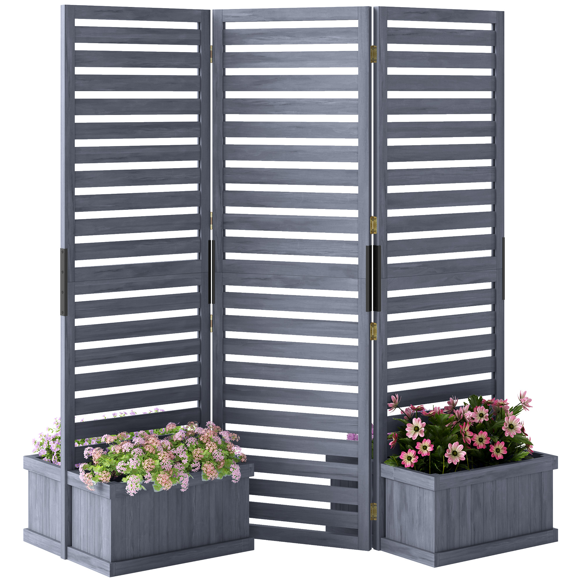 Outsunny Wood Privacy Screen w/ 4 Planter Box, Raised Bed w