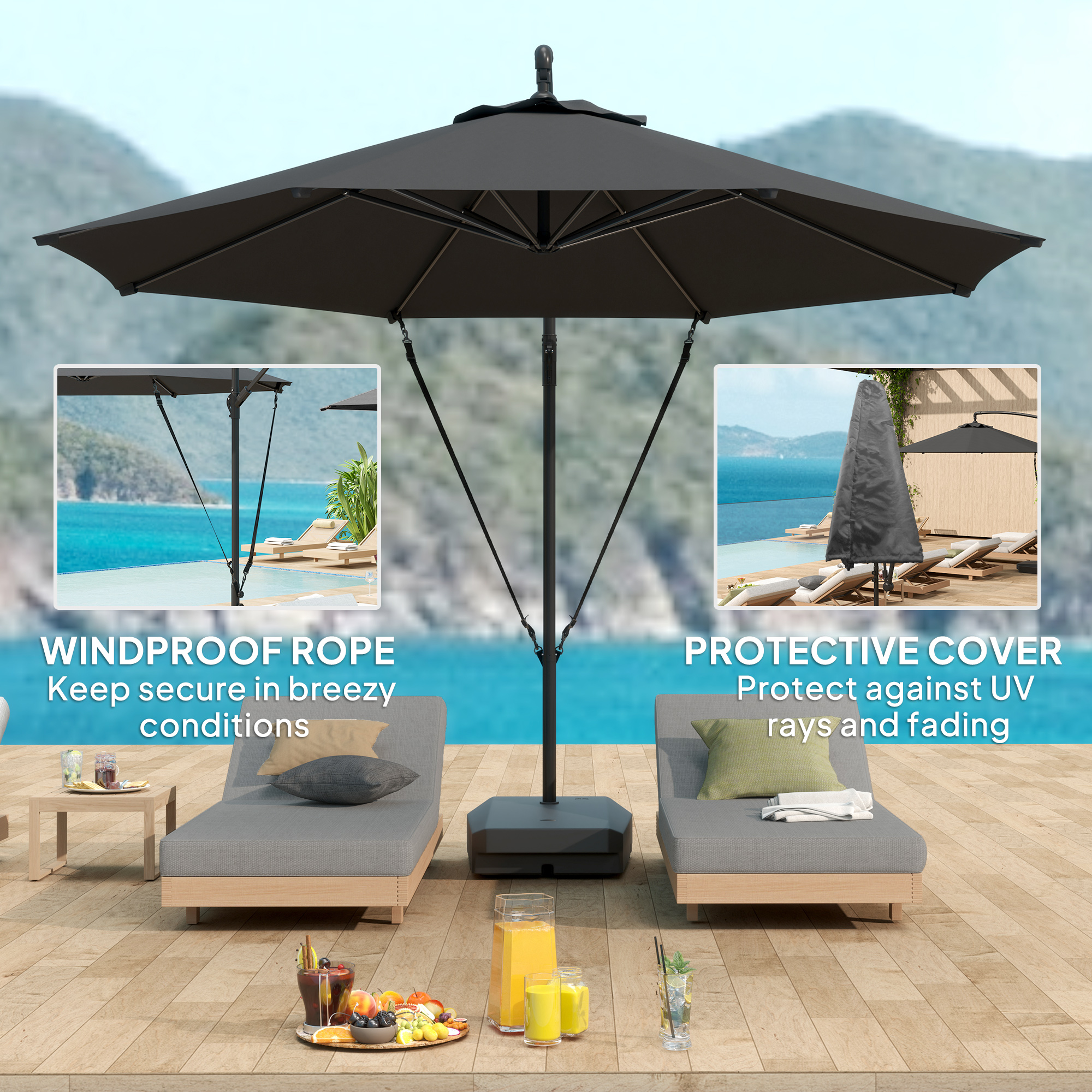 Outsunny 10FT Cantilever Umbrella with Fillable Base, Wind Strap