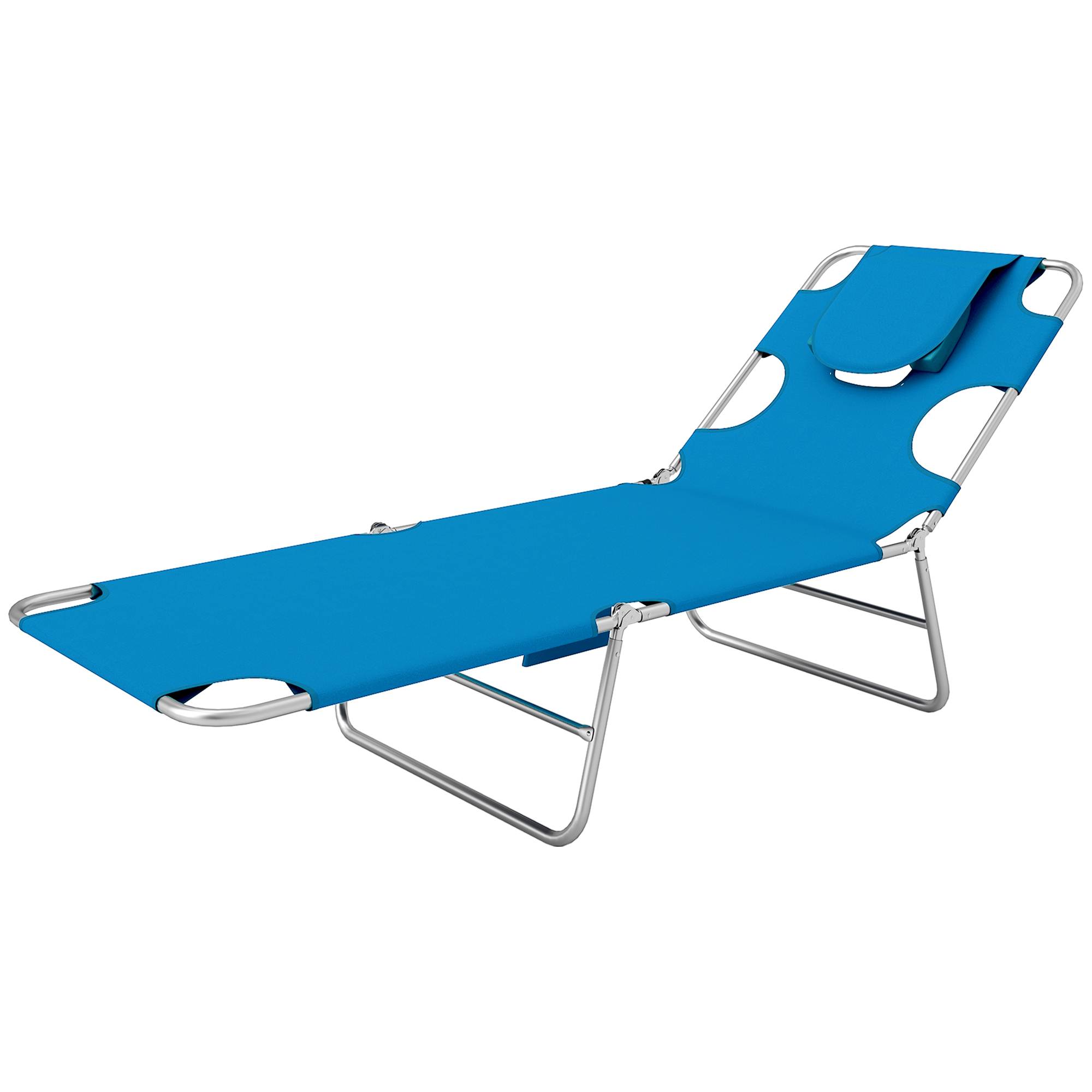 Outsunny Folding Outdoor Chaise Lounge Sun Tanning Chair with Face Cavity, Pillow, 5-level Adjustable for Beach, Pool, Light Blue