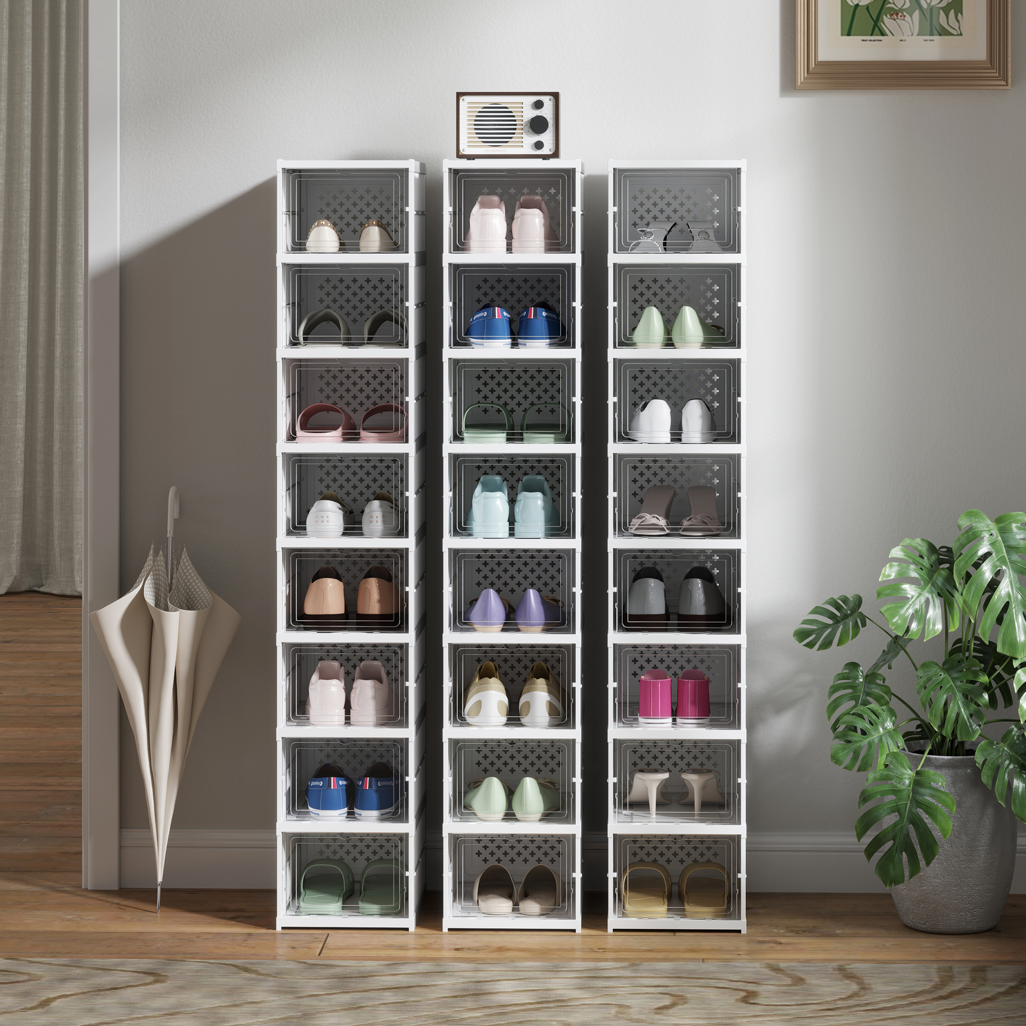 HOMCOM Stackable Plastic Shoe Boxes, 8 Pack Foldable Shoe Storage Boxes with Clear Door, No Assembly, Fit Size 10, White 5