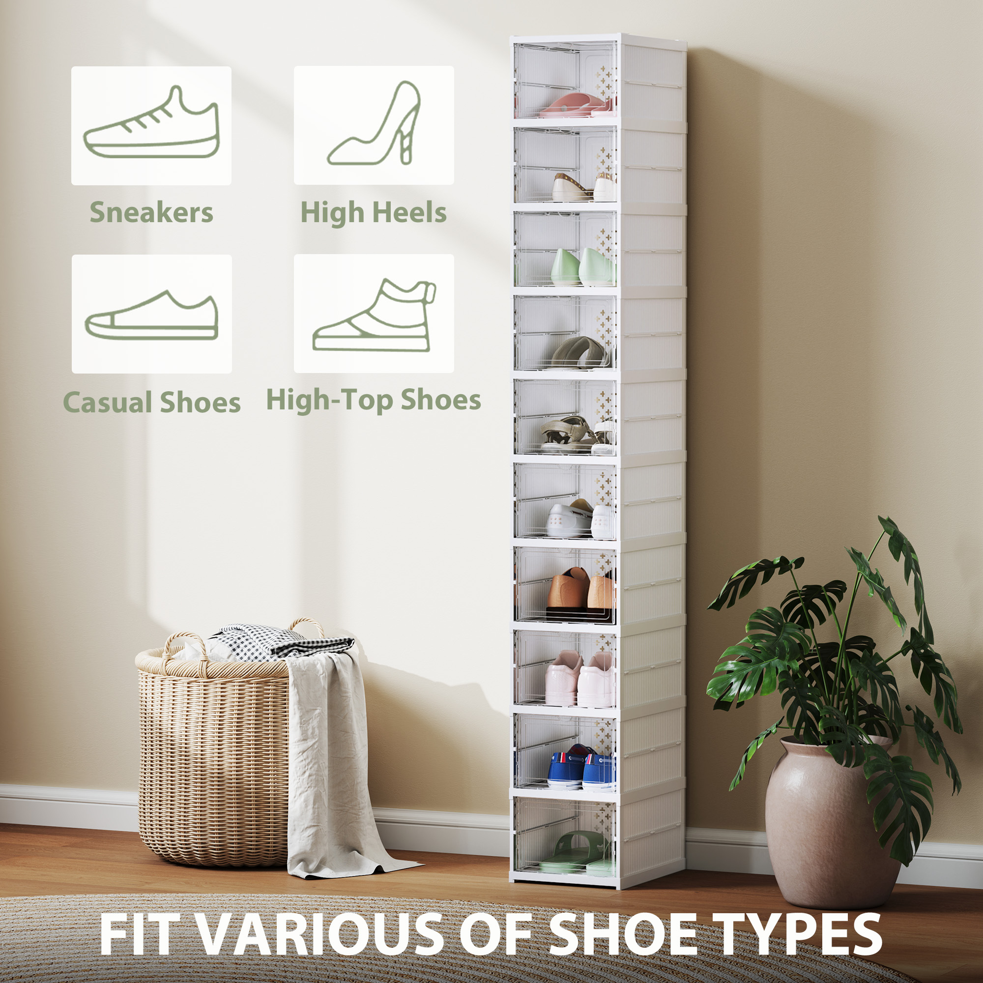 HOMCOM Stackable Plastic Shoe Boxes, 10 Pack Foldable Shoe Storage Boxes with Clear Door, No Assembly, Fit Size 10, White 4