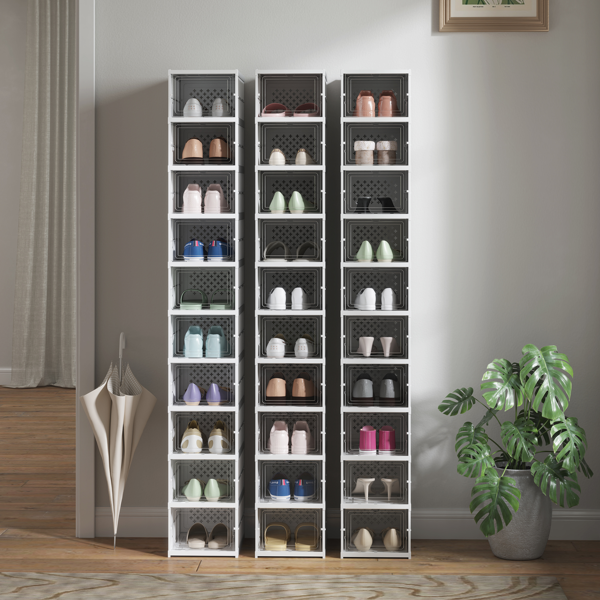 HOMCOM Stackable Plastic Shoe Boxes, 10 Pack Foldable Shoe Storage Boxes with Clear Door, No Assembly, Fit Size 10, White 5