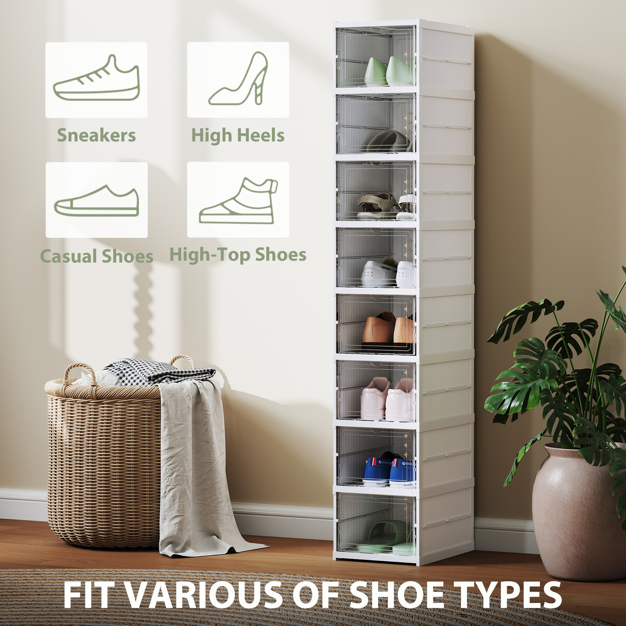 HOMCOM Stackable Plastic Shoe Boxes, 8 Pack Foldable Shoe Storage Boxes with Clear Door, No Assembly, Fit Size 10, White 4