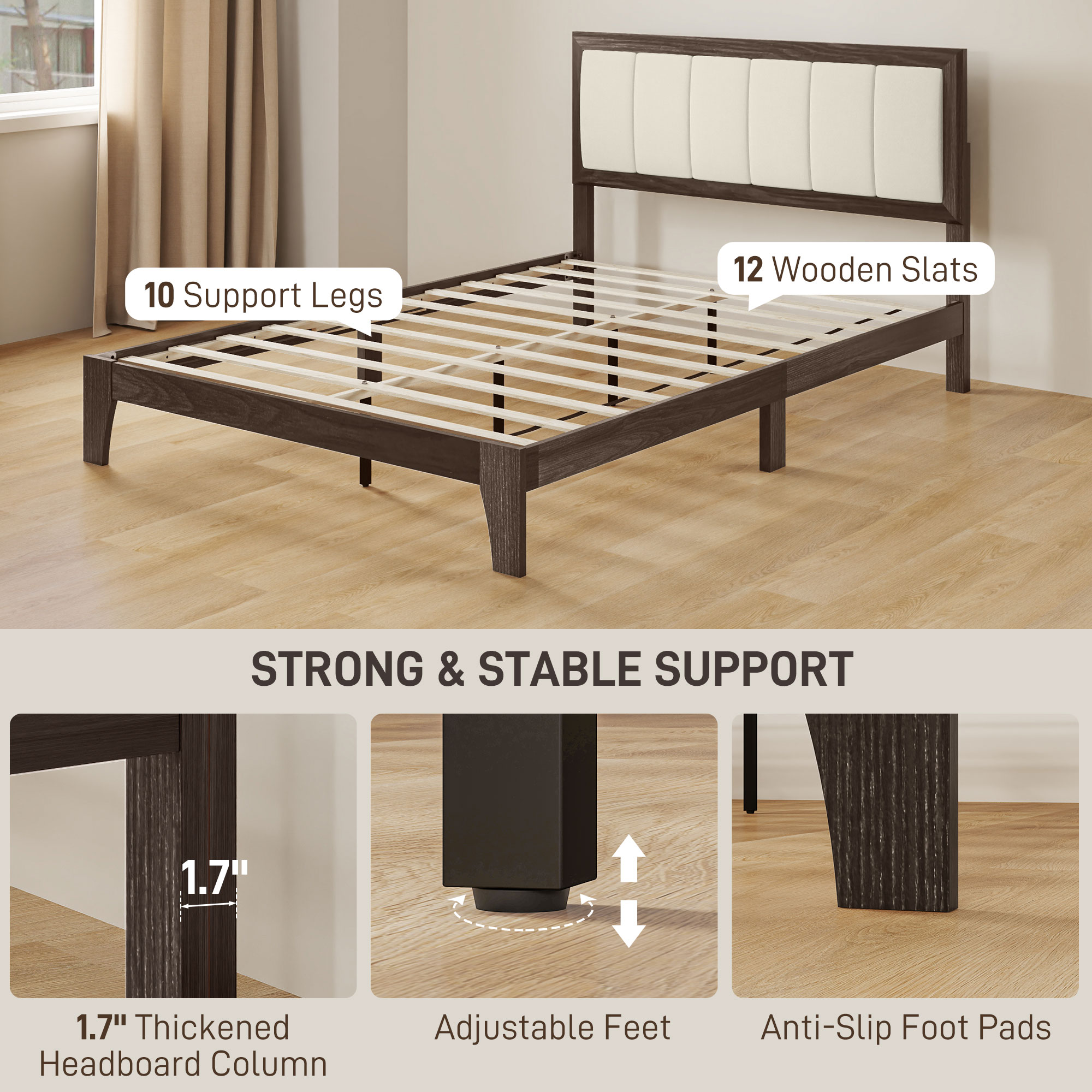 HOMCOM Full Bed Frame with Headboard Full Size Platform Bed Frame with Wooden Slats No Box Spring Needed Easy Assembly Walnut 4