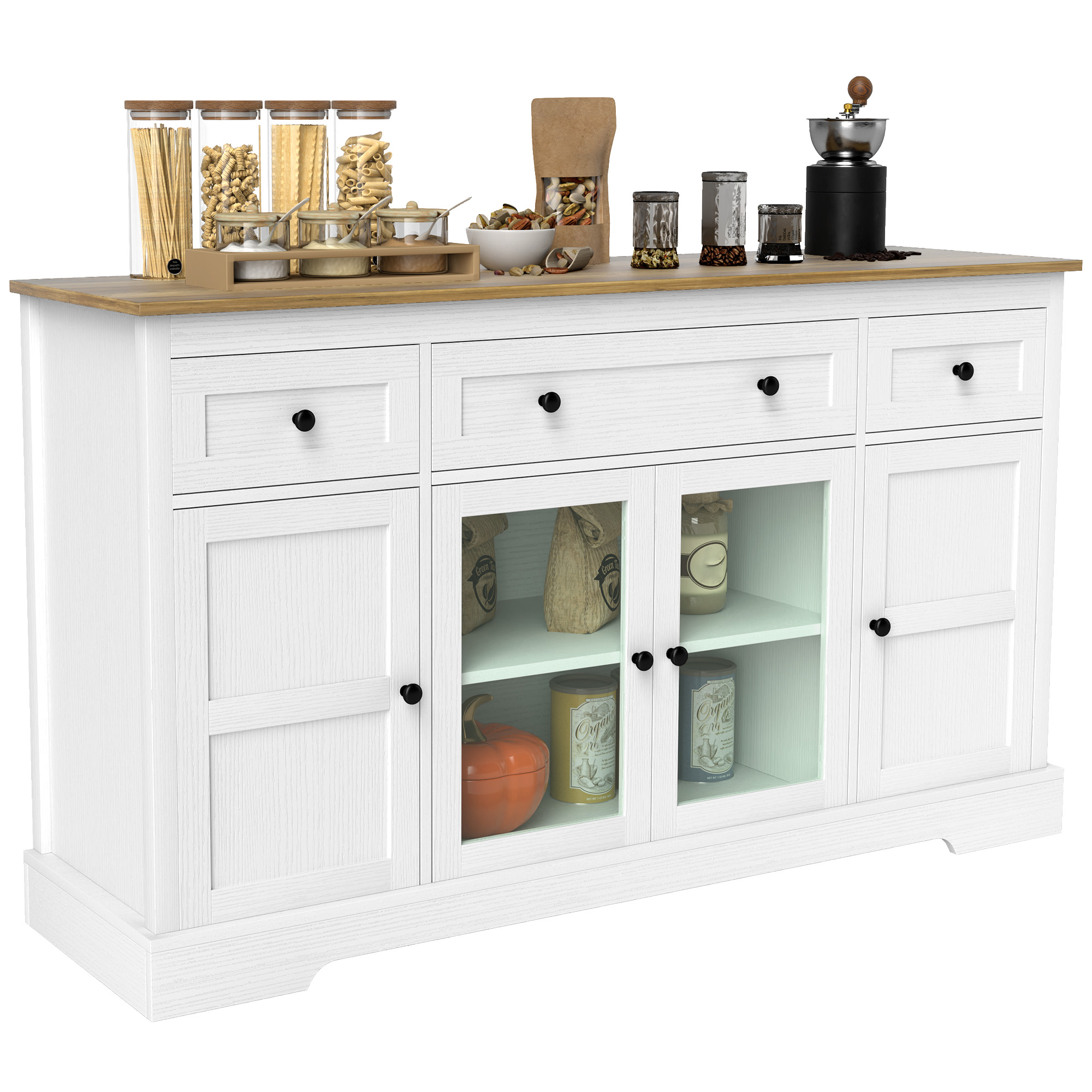 Coffee Bar Organizer Unit with Glass Doors and Adjustable-Height Shelves, Sideboard Buffet Organizer Unit with Organizer, Distressed White 1