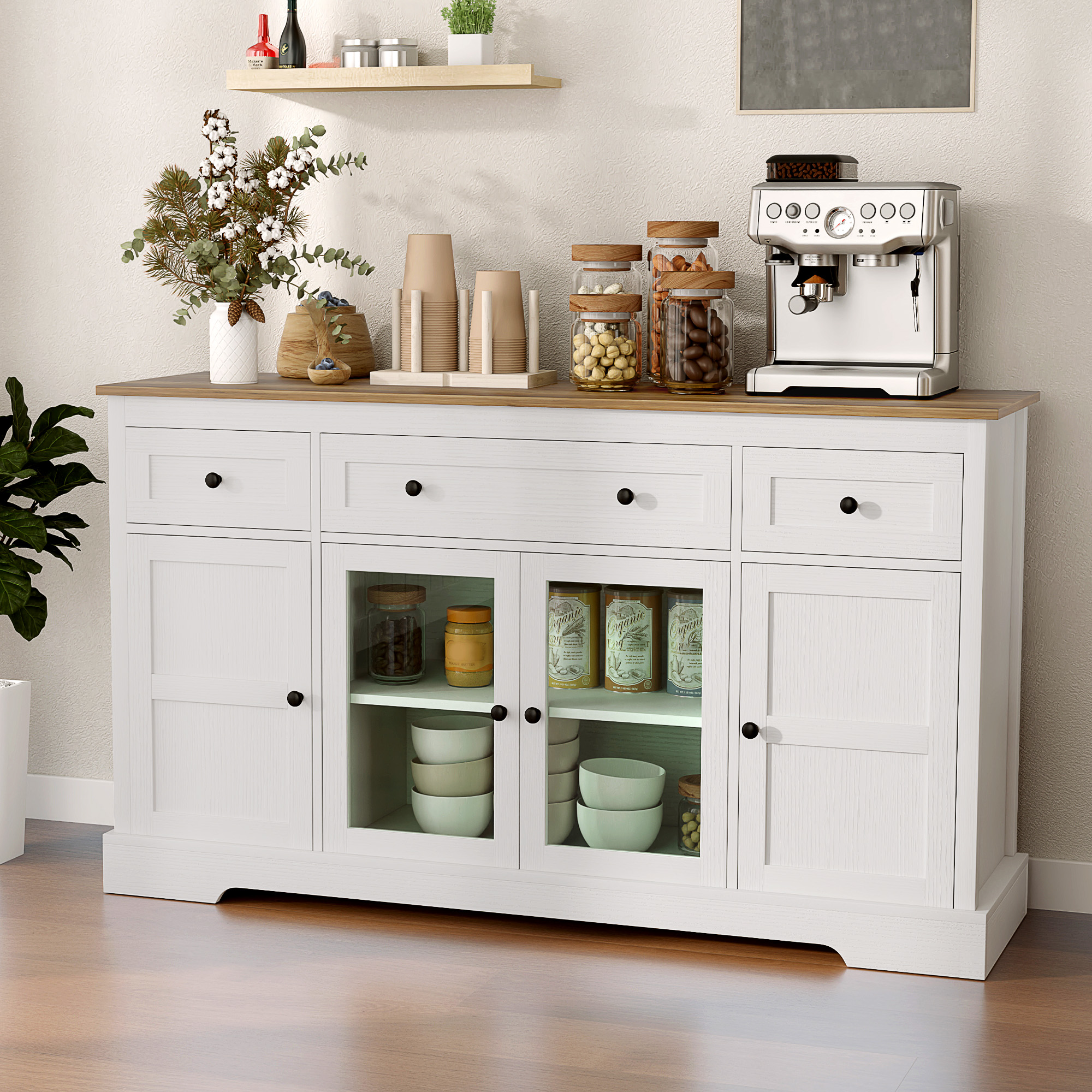 HOMCOM Sideboard Buffet Cabinet with Storage, Coffee Bar Cabinet with Glass Doors and Adjustable Shelves, Distressed White Aosom Canada