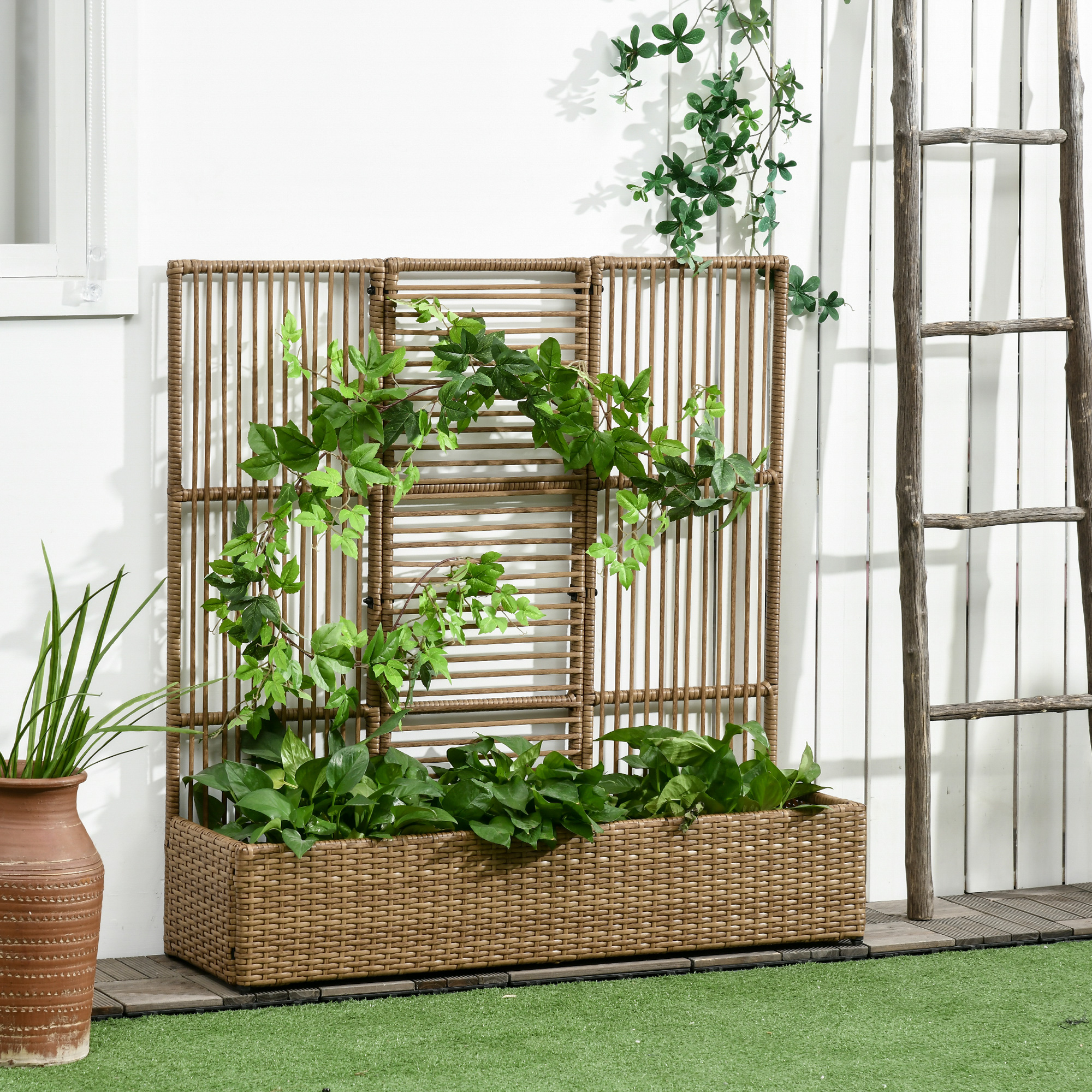 Outsunny Raised Garden Bed with Lattice Trellis, Rattan Outdoor Planter with Storage for Garden, Patio, Balcony, Sand Brown | Aosom Canada