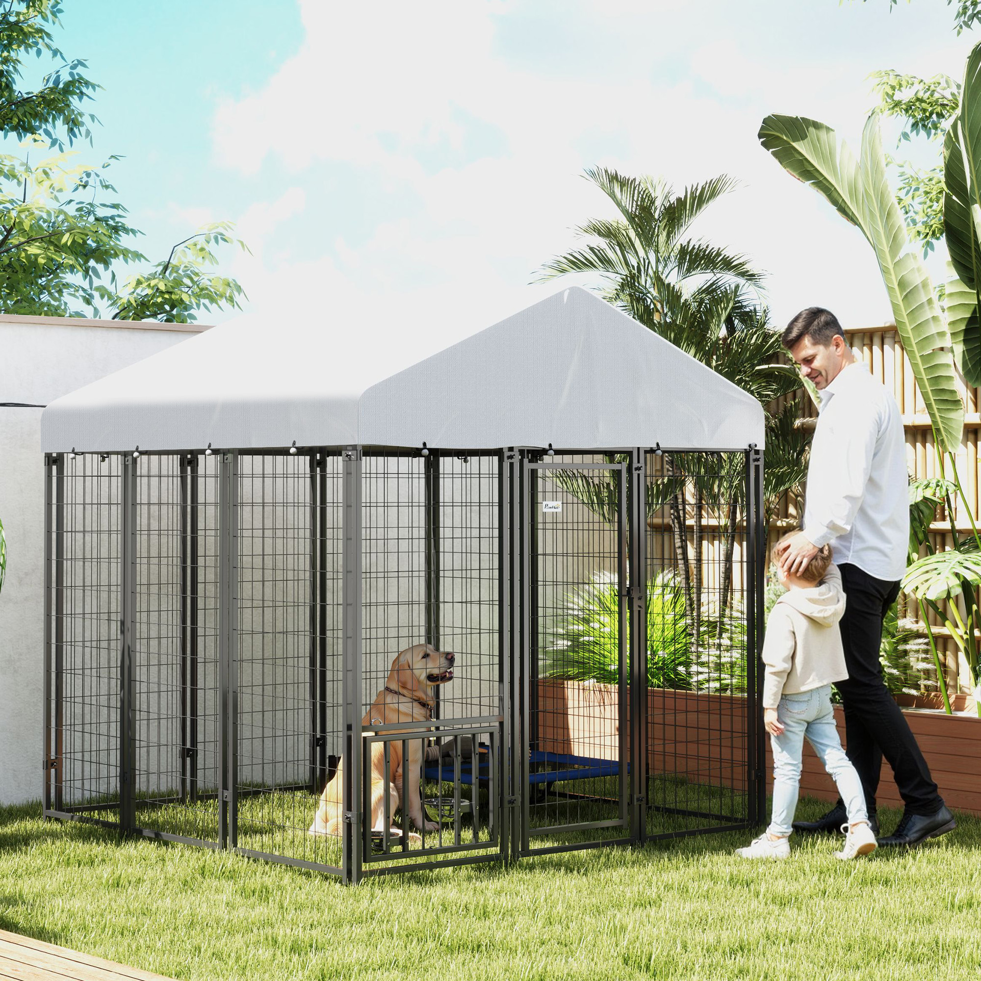 PawHut Outdoor Dog Kennel with Waterproof UV-Resistant Cover, Rotating & 4-Level Adjustable Feeding Bowls, 5.9 x 5.9 x 6 ft Aosom Canada
