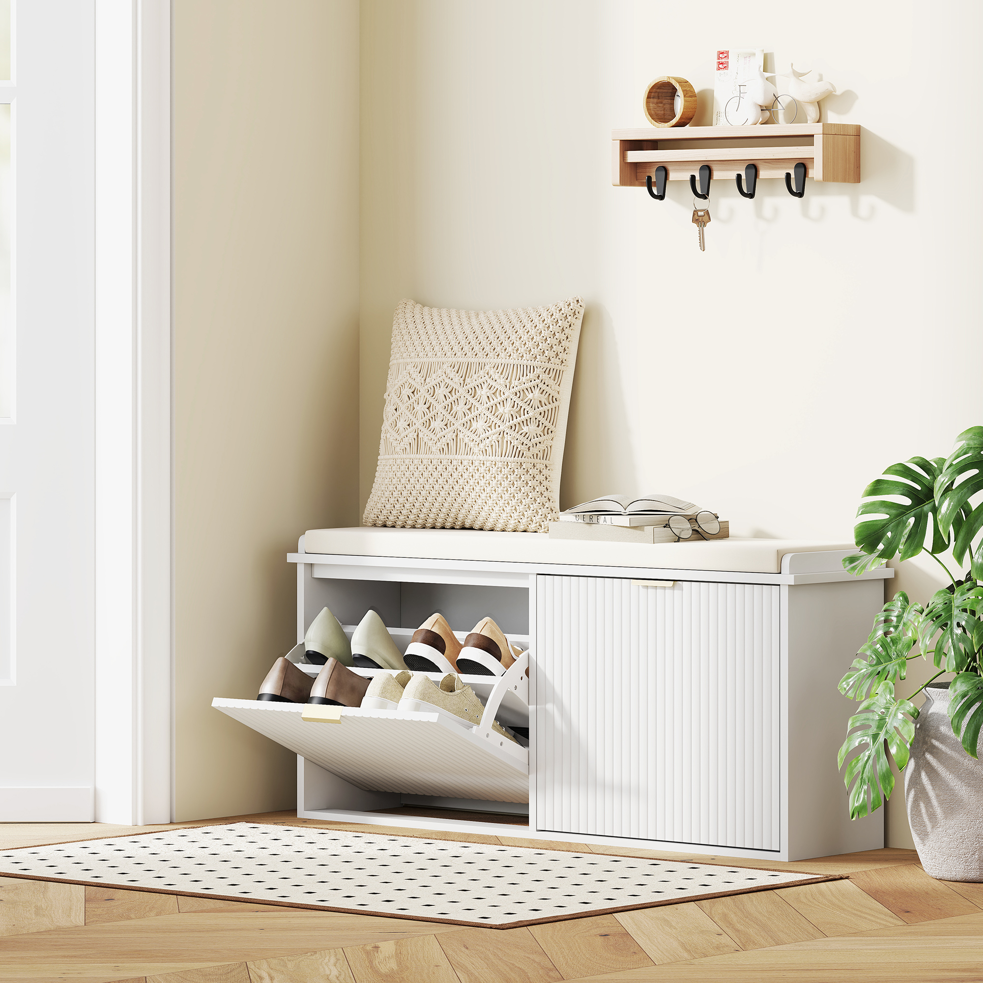 HOMCOM Entryway Bench with Padded Seat and Flip-Drawers, Holds up to 529lbs, Shoe Storage Bench for 10 Pairs of Shoes, White Aosom Canada