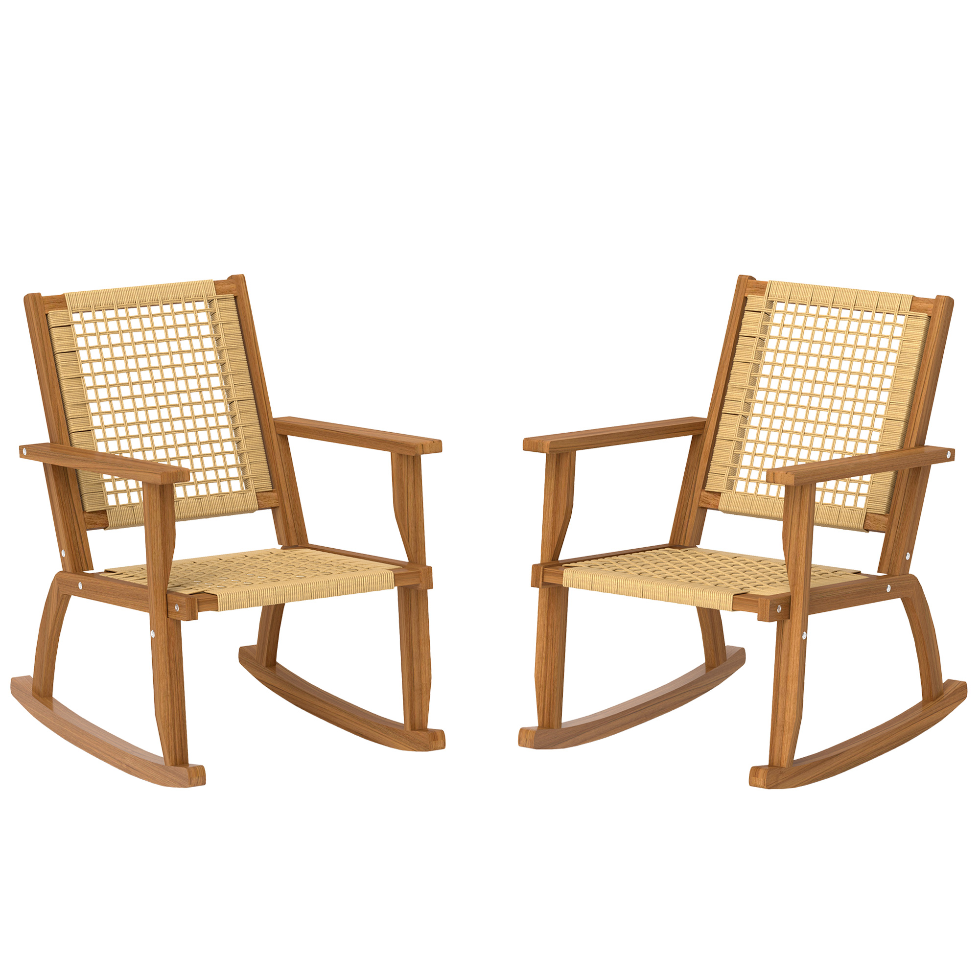 Outsunny Outdoor Lawn Rocking Chair Set of 2, Acacia Wood Patio Rocking Chairs with Wicker Back and Seat for Garden, Khaki