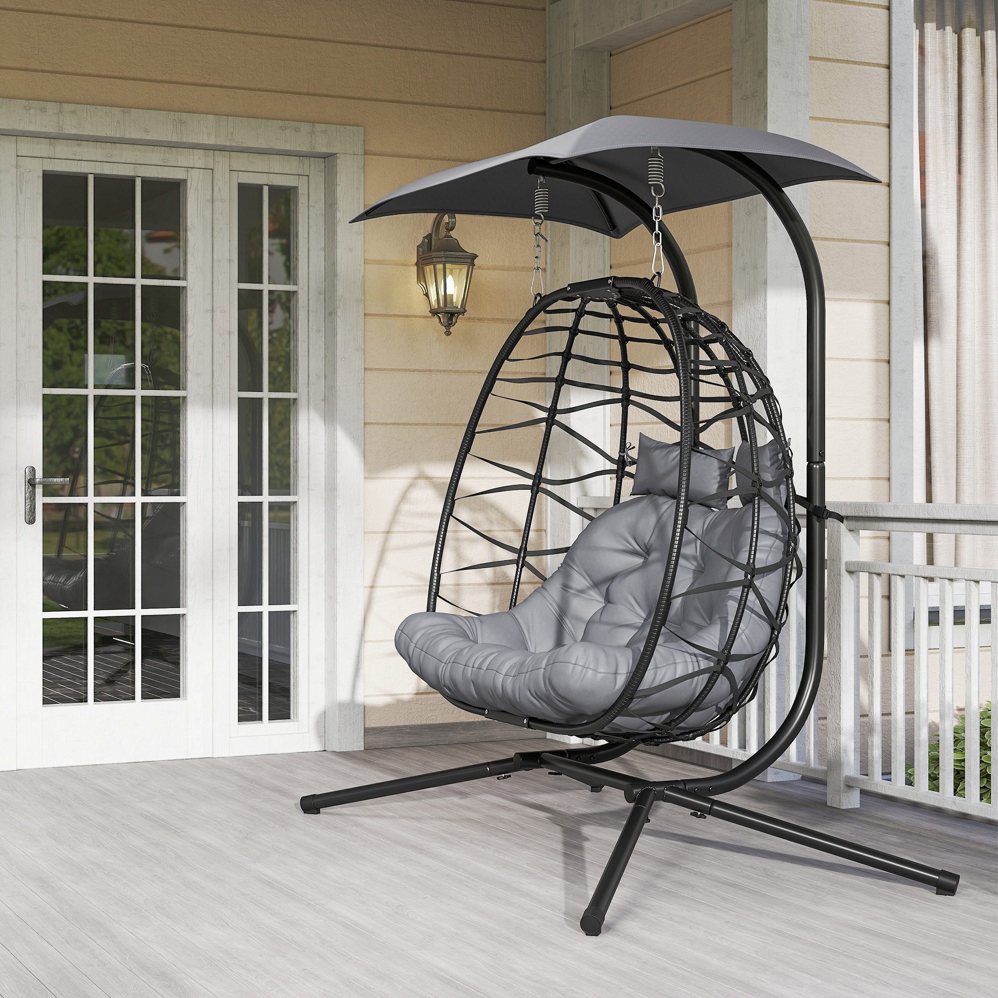 Outsunny Double Wicker Egg Swing Chair with Canopy, Foldable