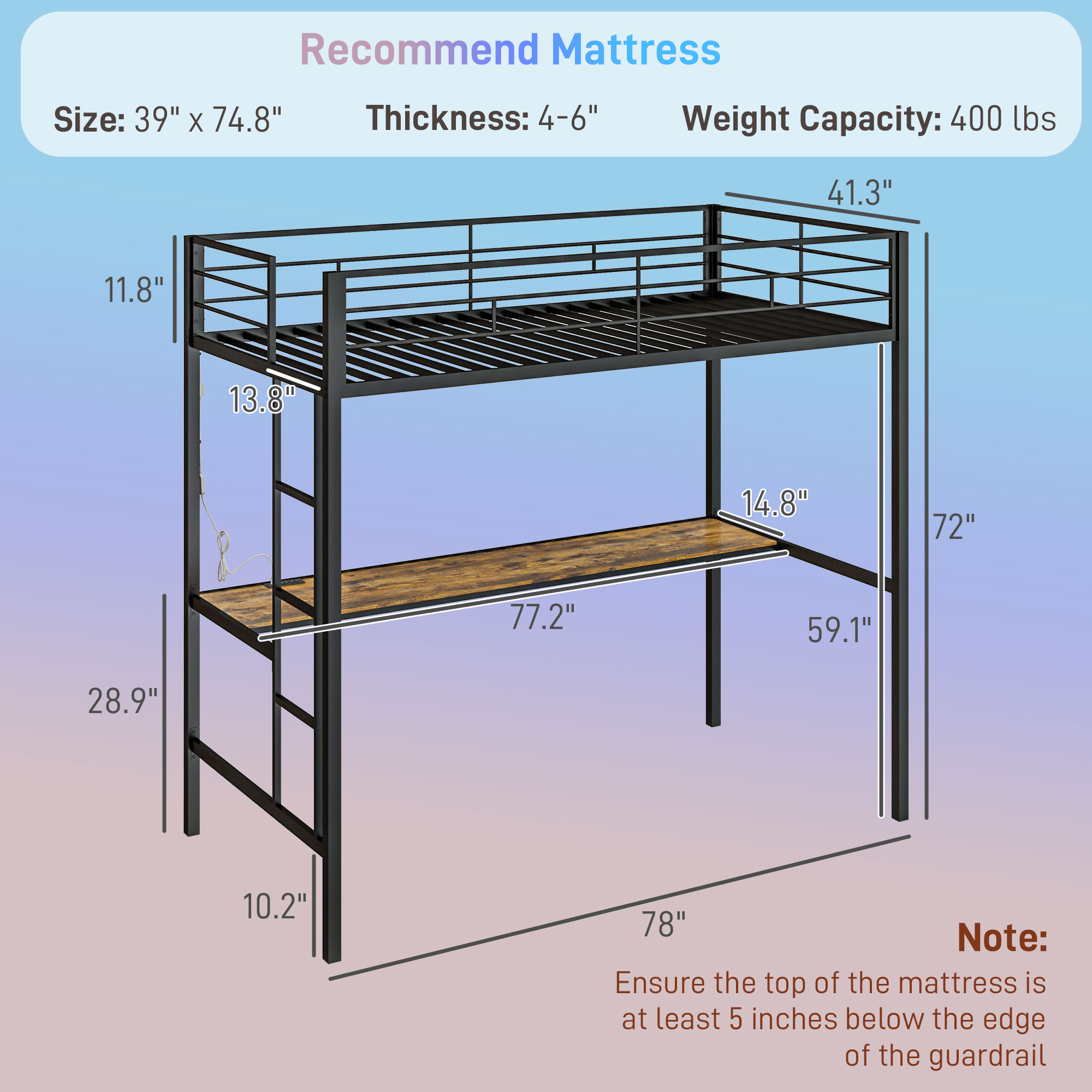 HOMCOM Twin Loft Bed with Desk, LED Lights and Charging Station, Twin Loft Bed Metal with Ladder, Black | Aosom.com 1