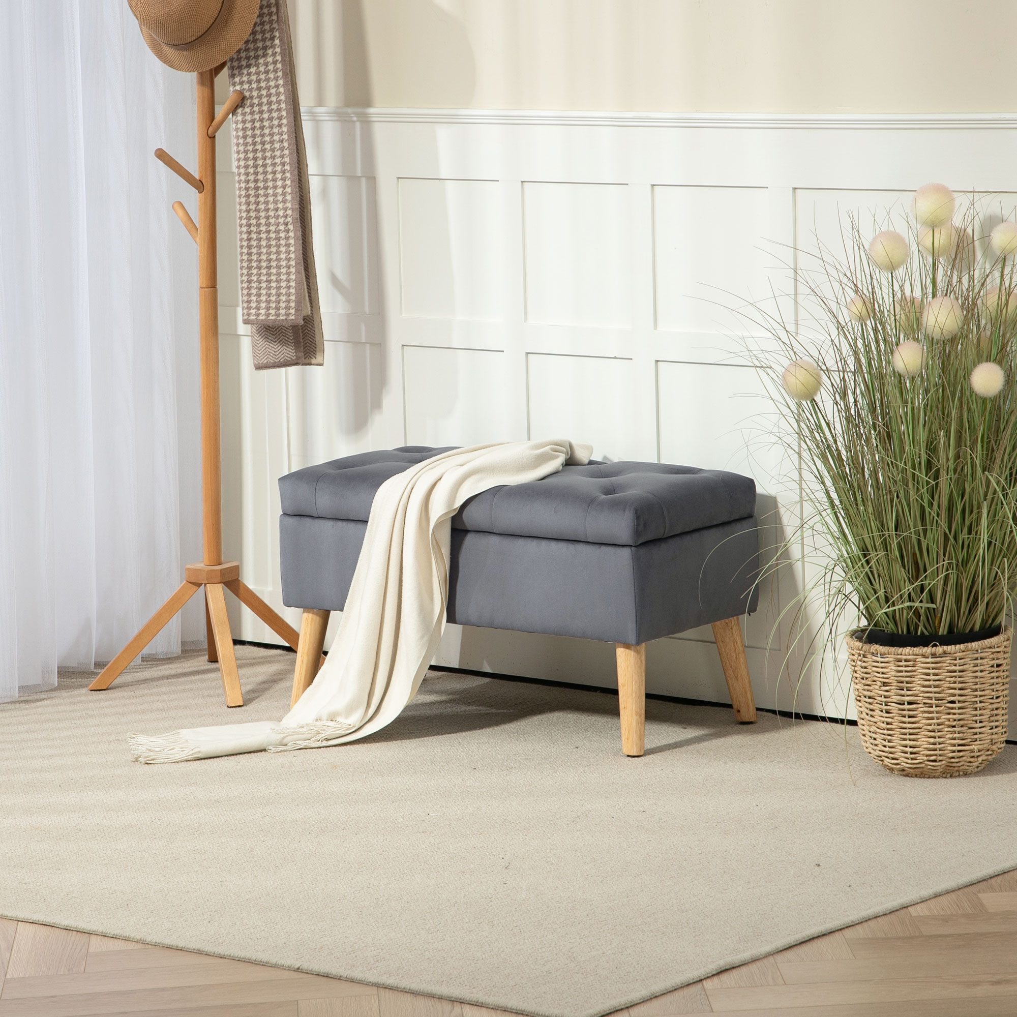 HOMCOM Storage Ottoman with Lid, Velvet Upholstered Storage Bench with Wood Legs for Living Room, Charcoal Grey Aosom Canada