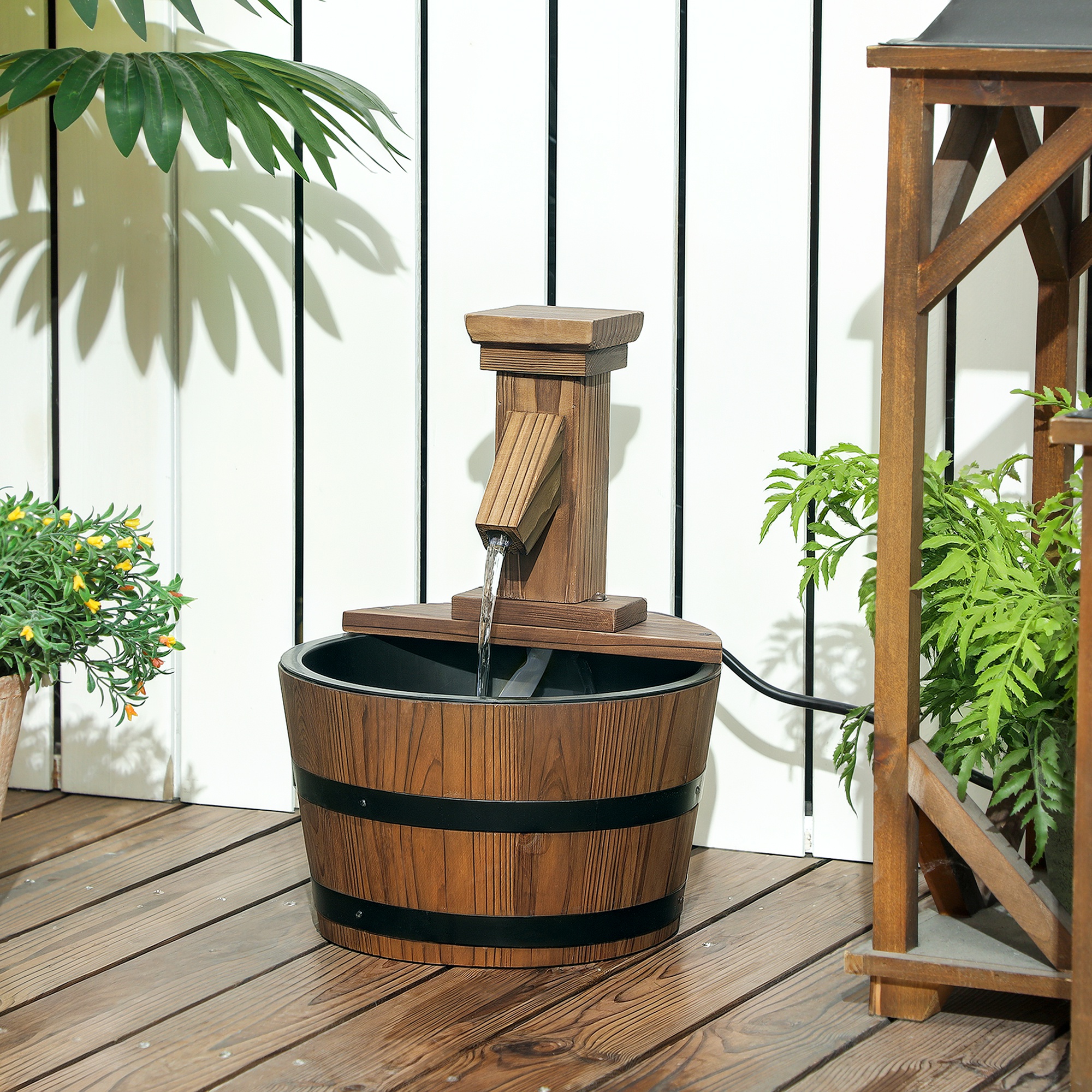 Outsunny Outdoor Waterfall Fountain, Garden Wood Barrel, Carbonized Aosom Canada