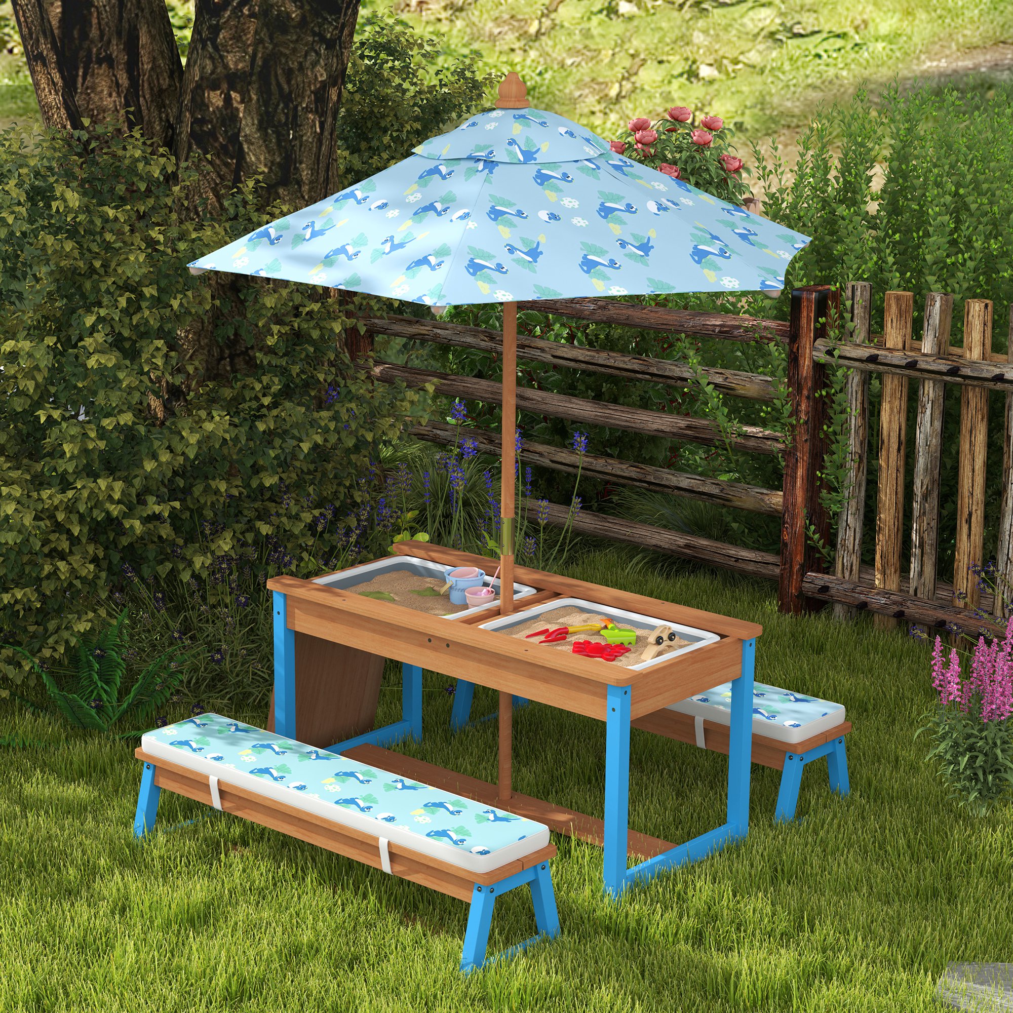 Qaba Kids Picnic Table and Bench Set with Removable Umbrella
