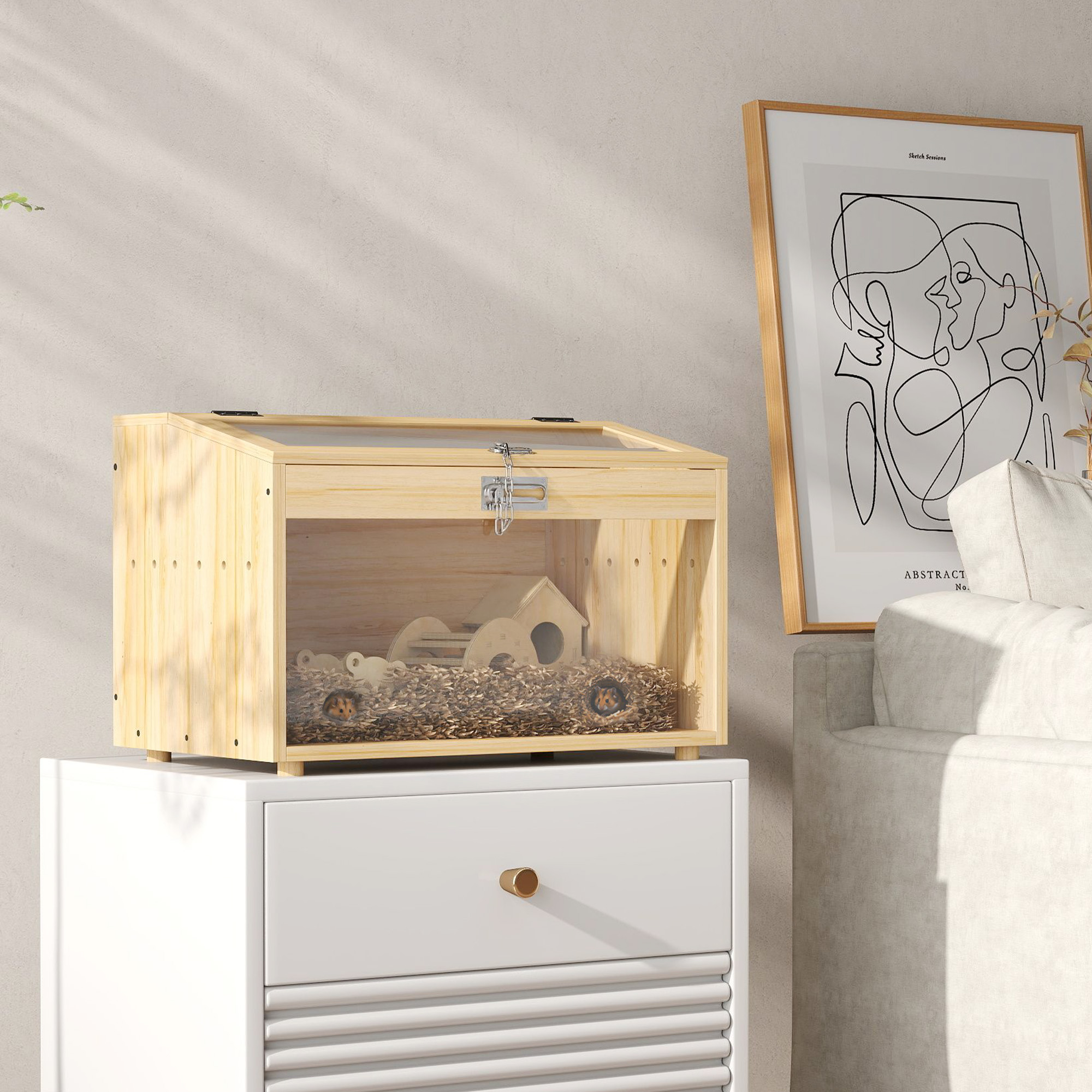 PawHut 22"L Hamster Cage with Openable Top & Acrylic Windows, Small Animal Cage with Hut, Seesaw, Ladder, Natural Wood Aosom Canada