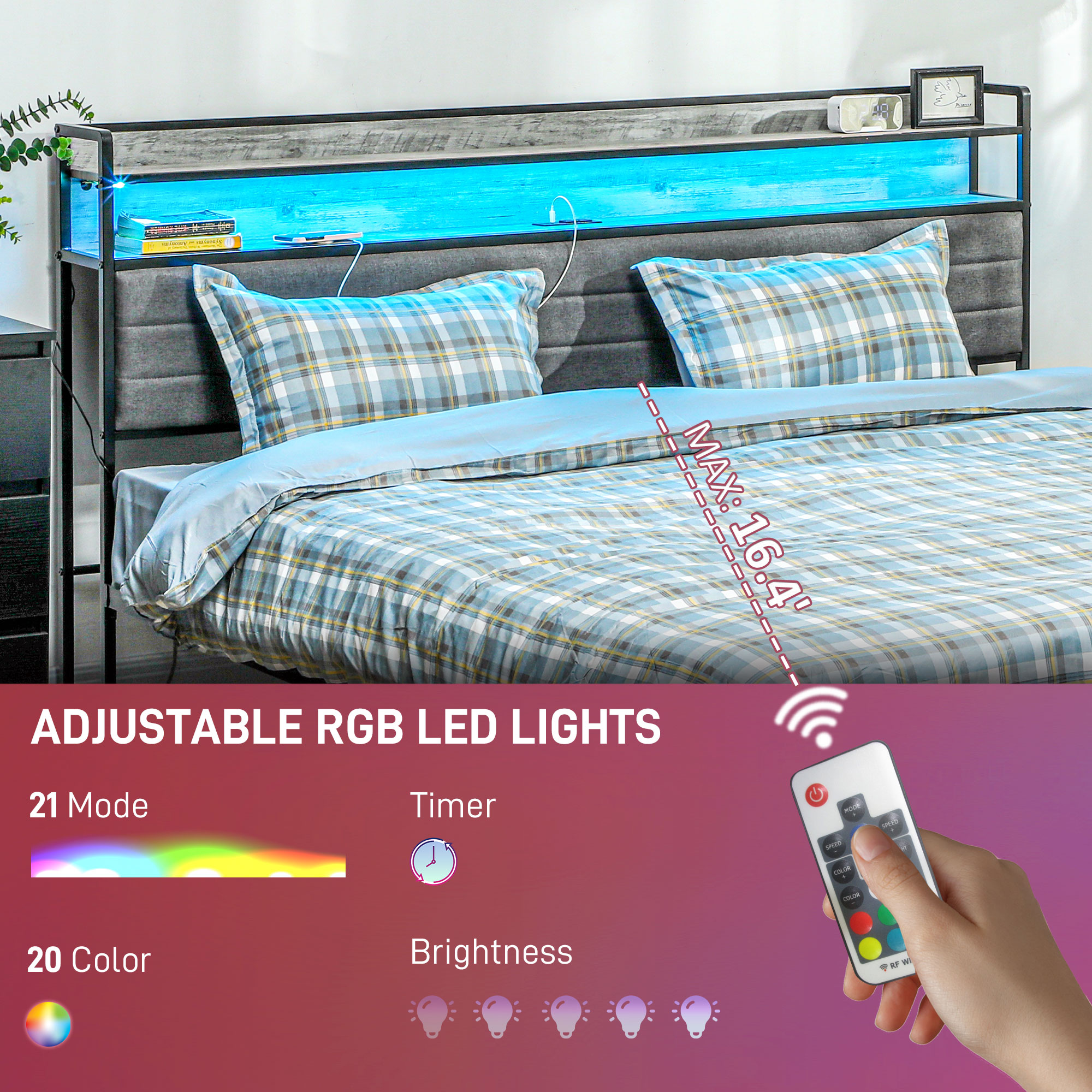 HOMCOM King Bed Frame with Storage Upholstered Headboard, King Size Bed Frame with LED Lights, Charging Station, Cement Gray | Aosom.com 2