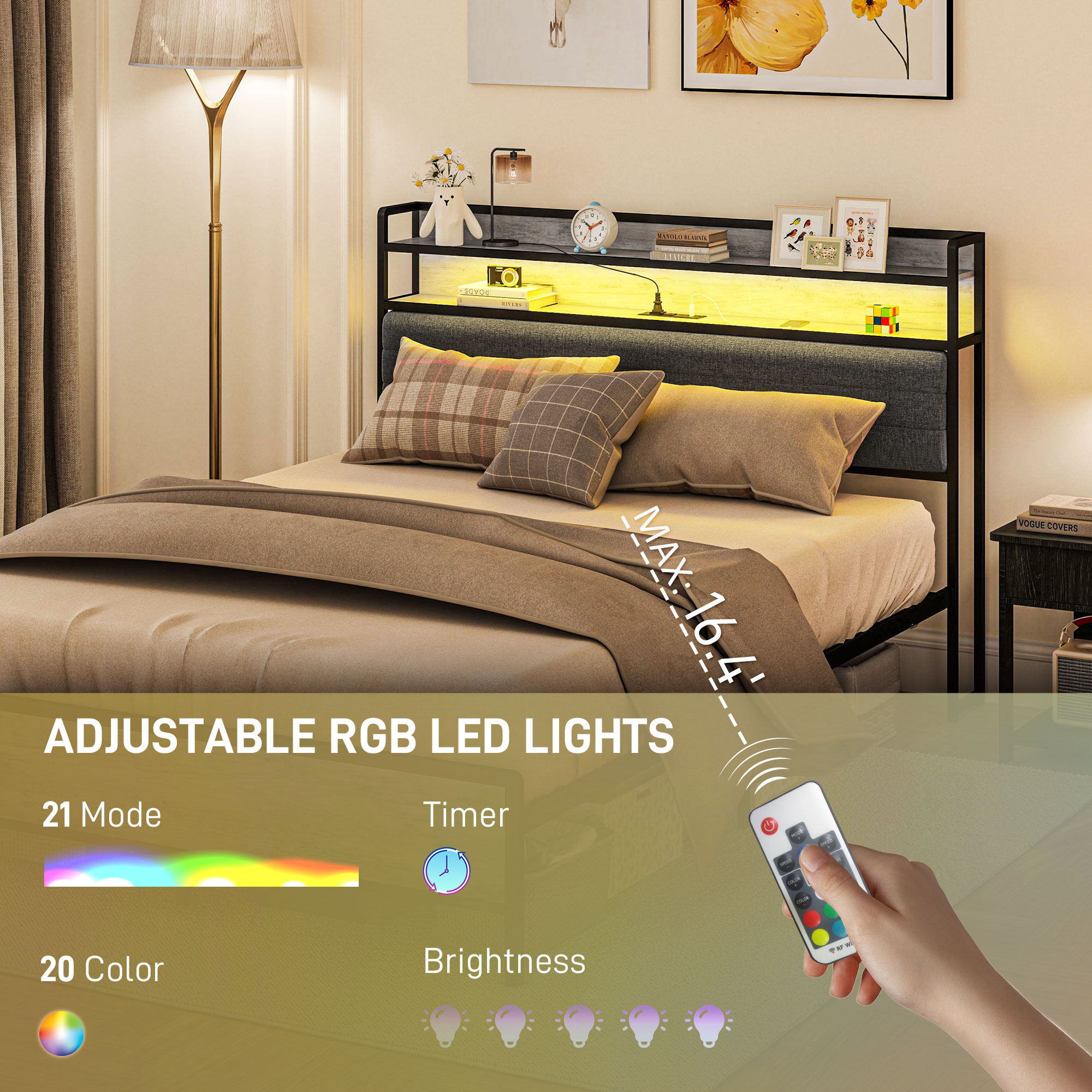 HOMCOM Queen Size Bed Frame with Storage Upholstered Headboard, Queen Bed Frame with LED Lights, Charging Station, Cement Gray 2