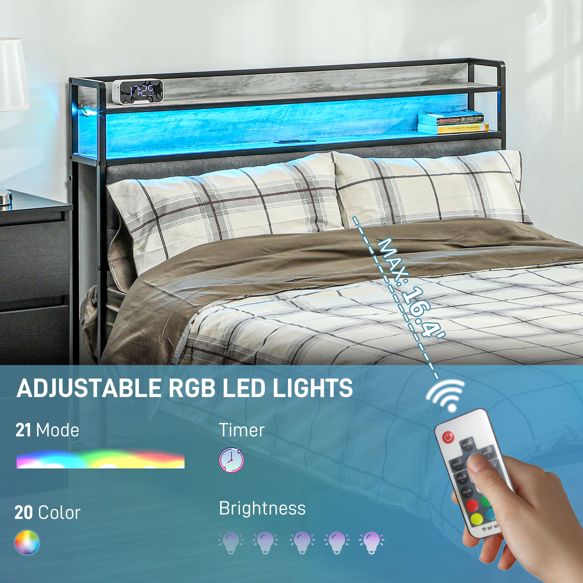 HOMCOM Full Bed Frame with Storage Upholstered Headboard, Full Size Bed Frame with LED Lights, Charging Station, Cement Gray | Aosom.com 2