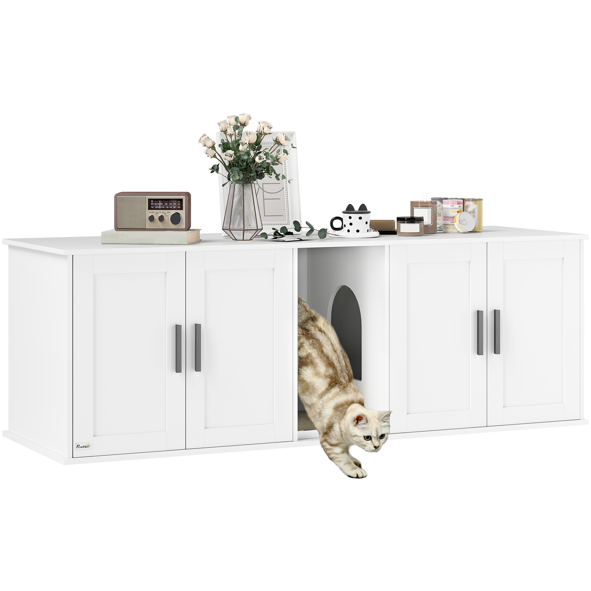 PawHut Cat Litter Box Enclosure with Double Room, Scratching Mat for 2 Cats,  57" x 19" x 20", White | Aosom.com