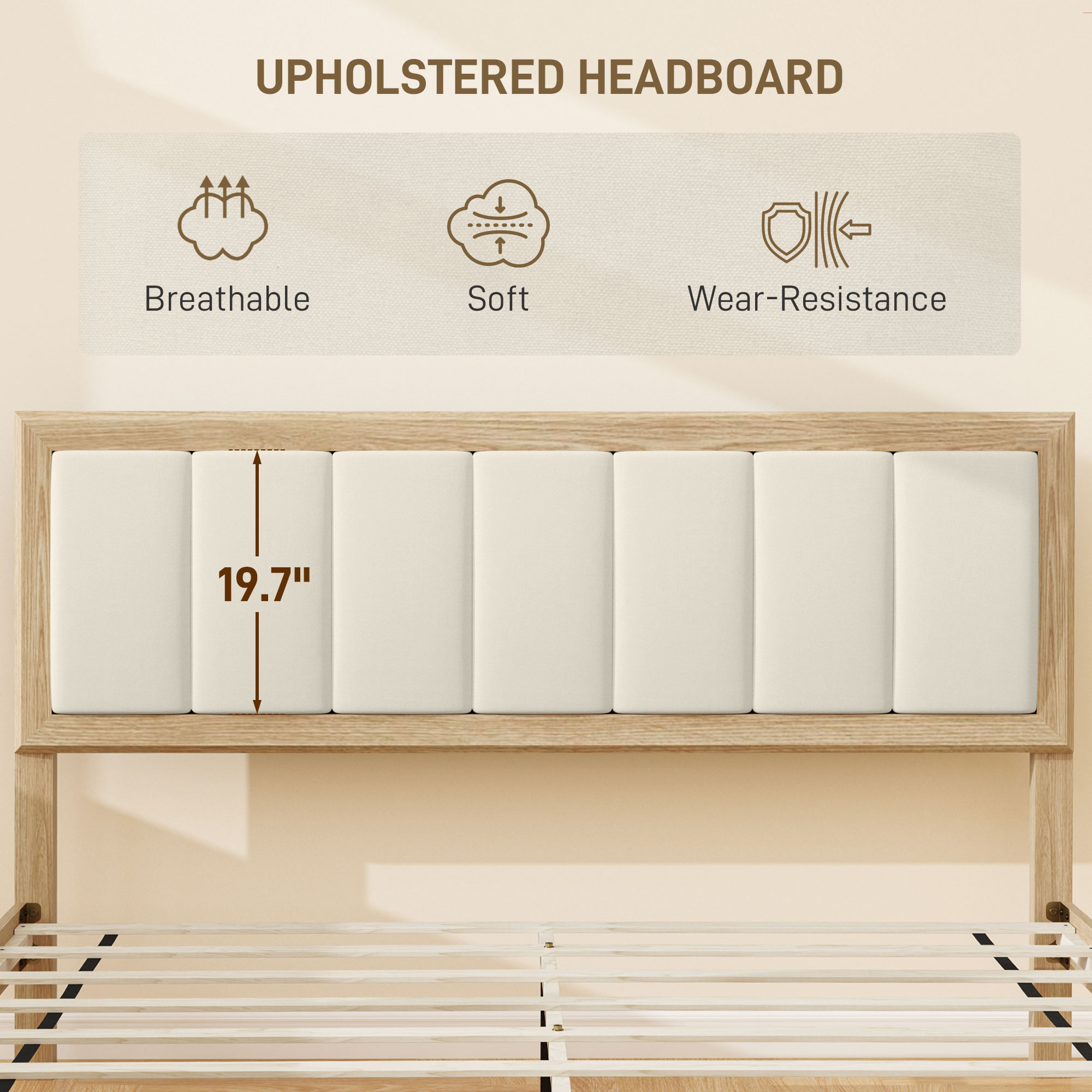 HOMCOM Queen Size Bed Frame with Headboard Queen Platform Bed Frame with Wooden Slats No Box Spring Needed Easy Assembly Oak 2