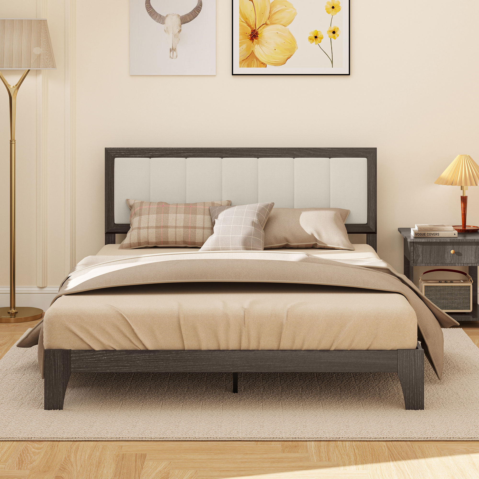 HOMCOM Queen Size Bed Frame with Headboard Queen Platform Bed Frame with Wooden Slats No Box Spring Needed Easy Assembly Walnut 5