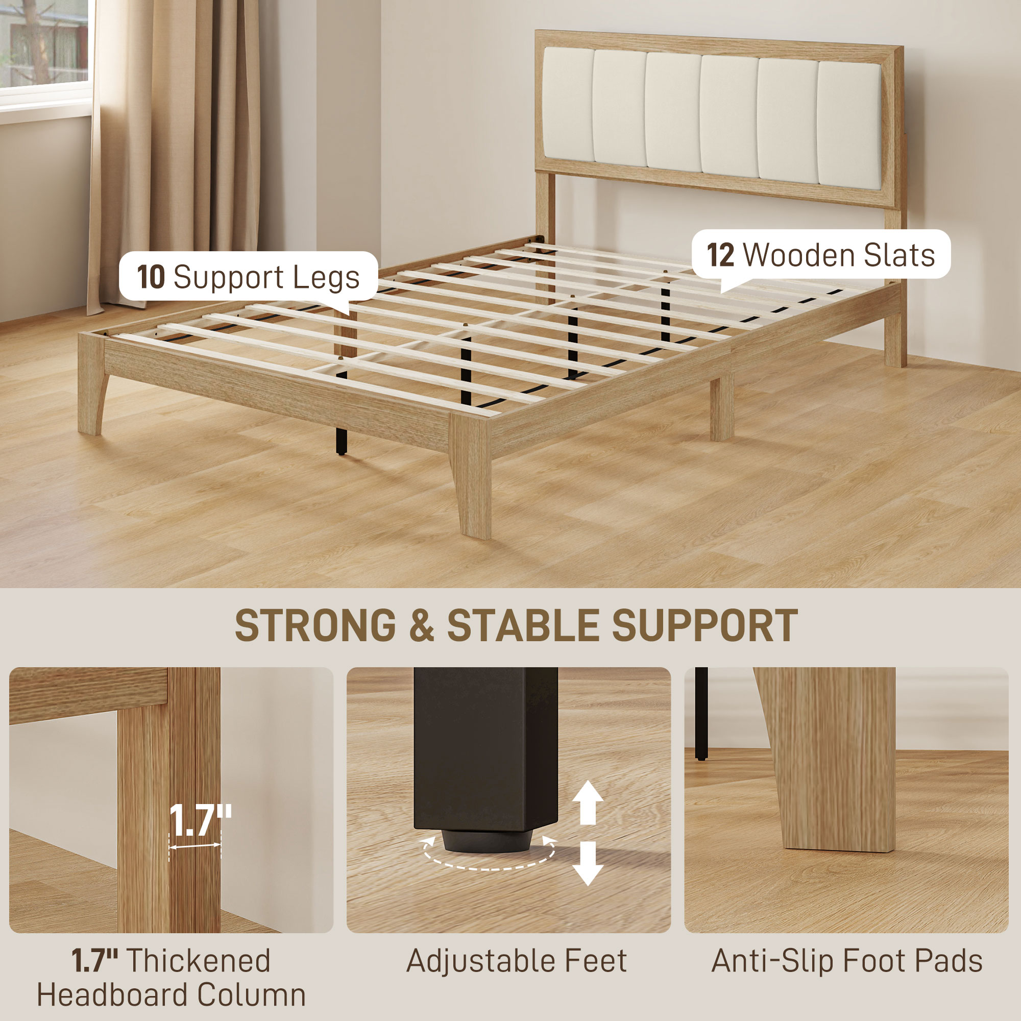 HOMCOM Full Bed Frame with Headboard Full Size Platform Bed Frame with Wooden Slats No Box Spring Needed Easy Assembly Oak 4