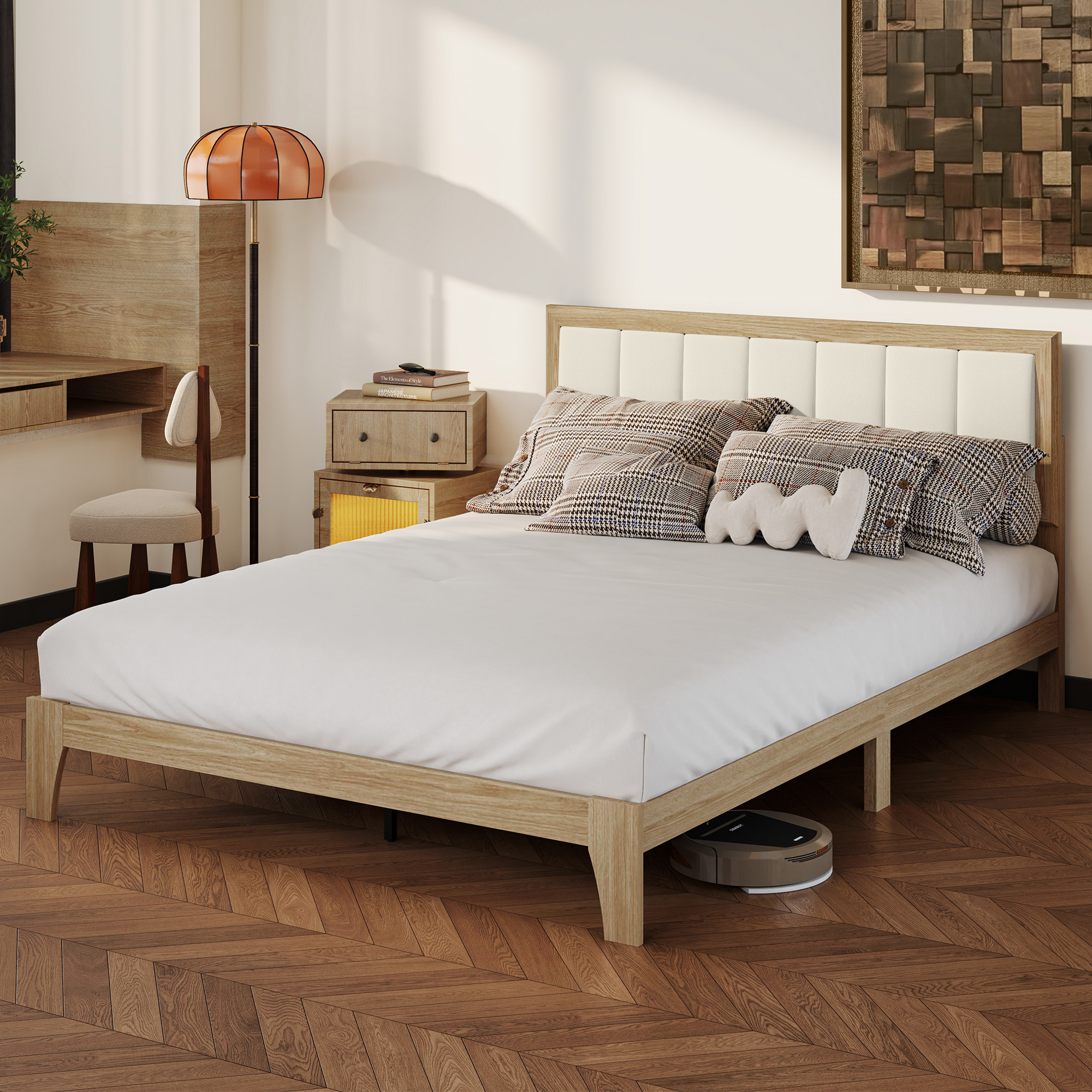 HOMCOM Queen Size Bed Frame with Headboard Queen Platform Bed Frame with Wooden Slats No Box Spring Needed Easy Assembly Oak 6